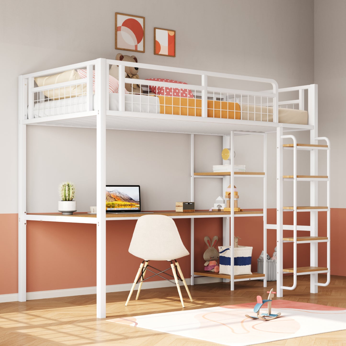 Gigab2b original image - Metall-Hochbett, 90*200 cm, Sicherheitsleiter mit Treppenstufen, Einzelbett, Kinderbett mit Tisch und Regalen, Metallgitter-Sicherheitszaun, Weiß