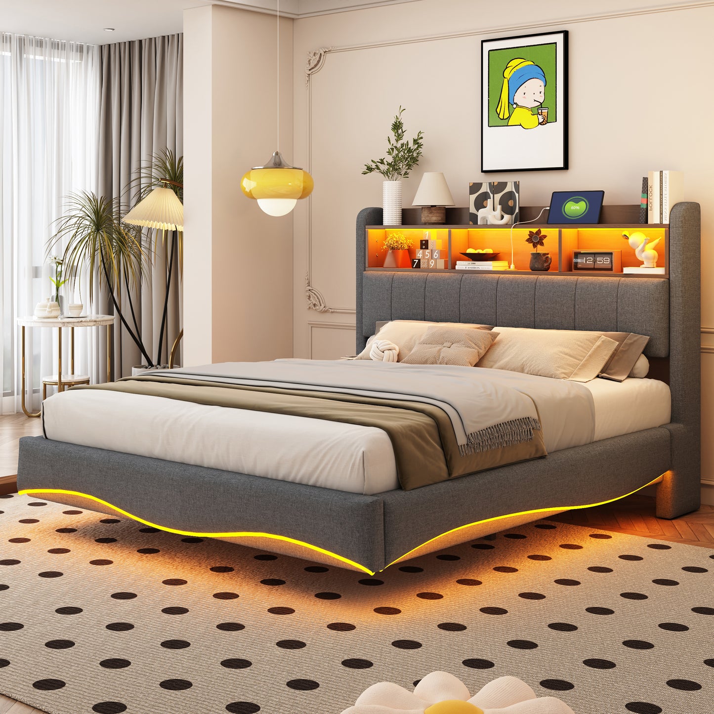 Abgehängtes Design Polsterbett 140*200 aus Leinenstoff, multifunktionales Stauraumbett mit LED-Licht, USB- und TYPE-C-Schnittstelle Grau