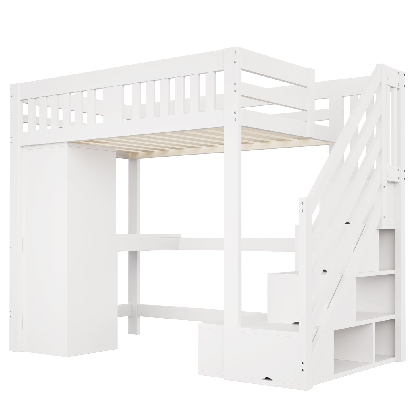 Wooden Bed, Stairs with Storage, and Desk Set