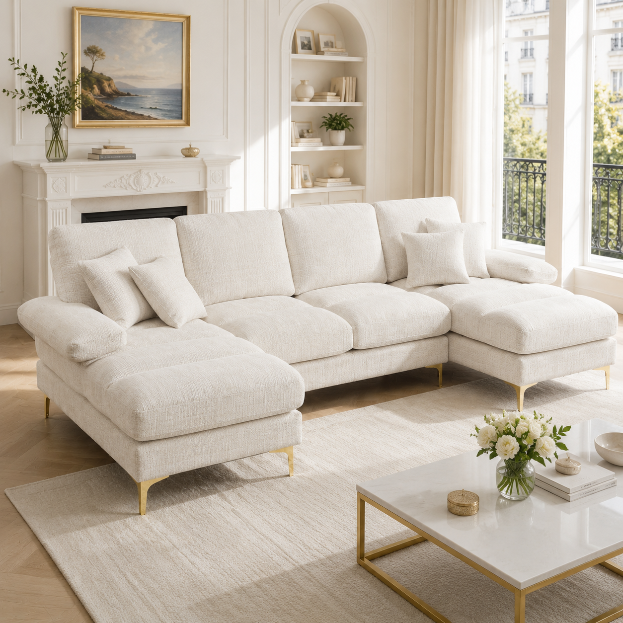 (Old SKU:W1880S00027)Modernes großes Chenille U-Shape Sektionssofa mit doppelten Liegesitzen für Wohnzimmer Schlafzimmer Büro Wohnung Villa Wohnzimmer Zuhause am Kamin