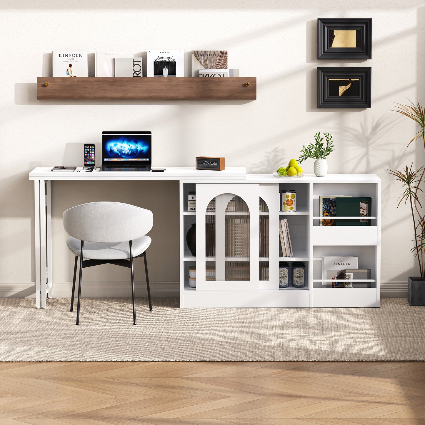 Gigab2b original image - Moderner Bartisch, Ausziehbar 360° Drehbare Bartisch Mit Stauraum, Reversibel Tisch Sideboard Bar Mit Glasschranktür, Bar Tisch Für Küche Kaffeebar Möbel, Weiß