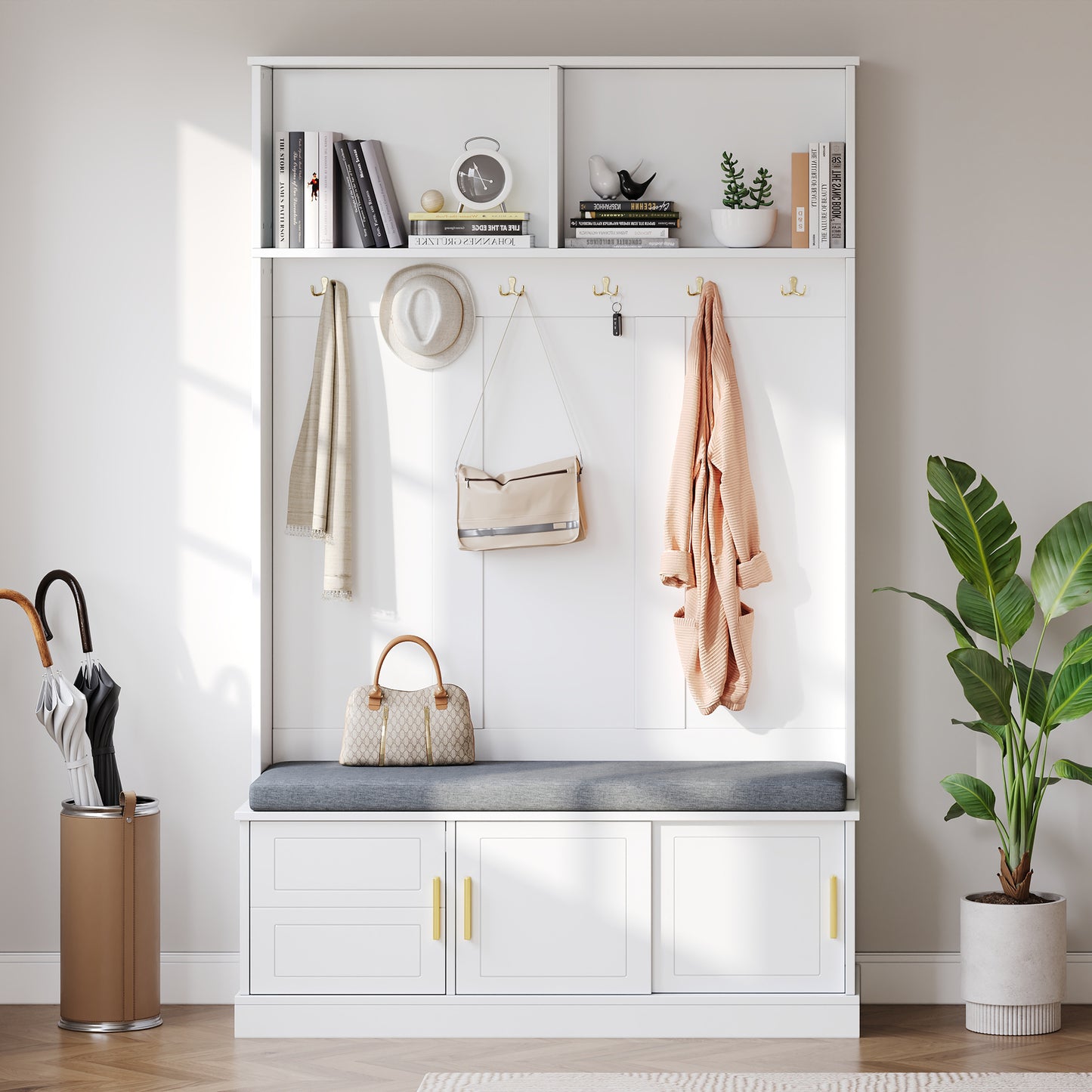 Gigab2b original image - Garderobenständer mit Schuhbank, Garderobe, 6 Dreifach-Haken,freistehend, platzsparend, für Eingangsbereich,Flur, Weiß, 120×40×191cm