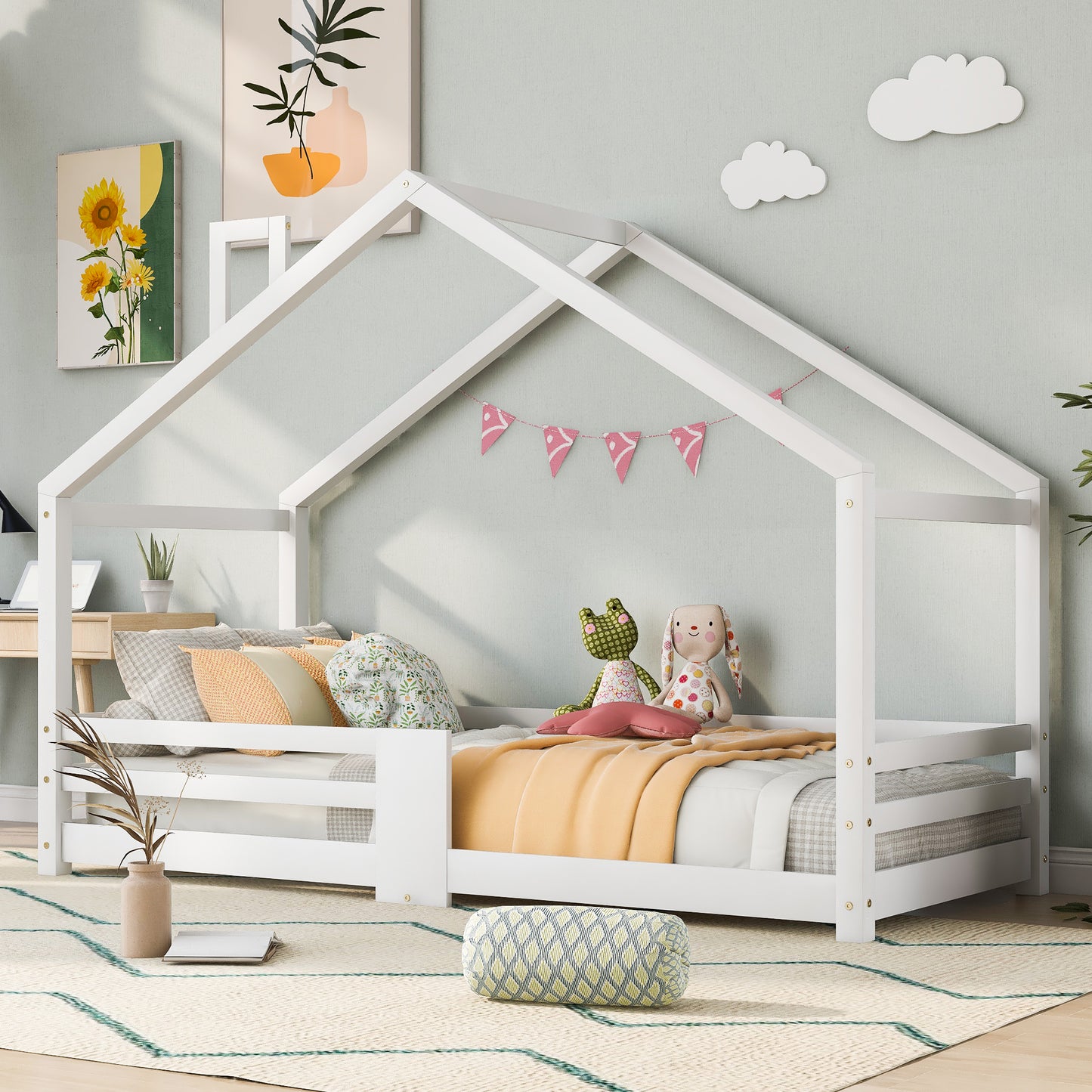 Gigab2b original image - Kinderbett Hausbett mit Schornstein Rausfallschutz Robuste Lattenroste,Kiefernholz Haus Bett for Kids 90 x 200 cm ohne Matratze Weiß