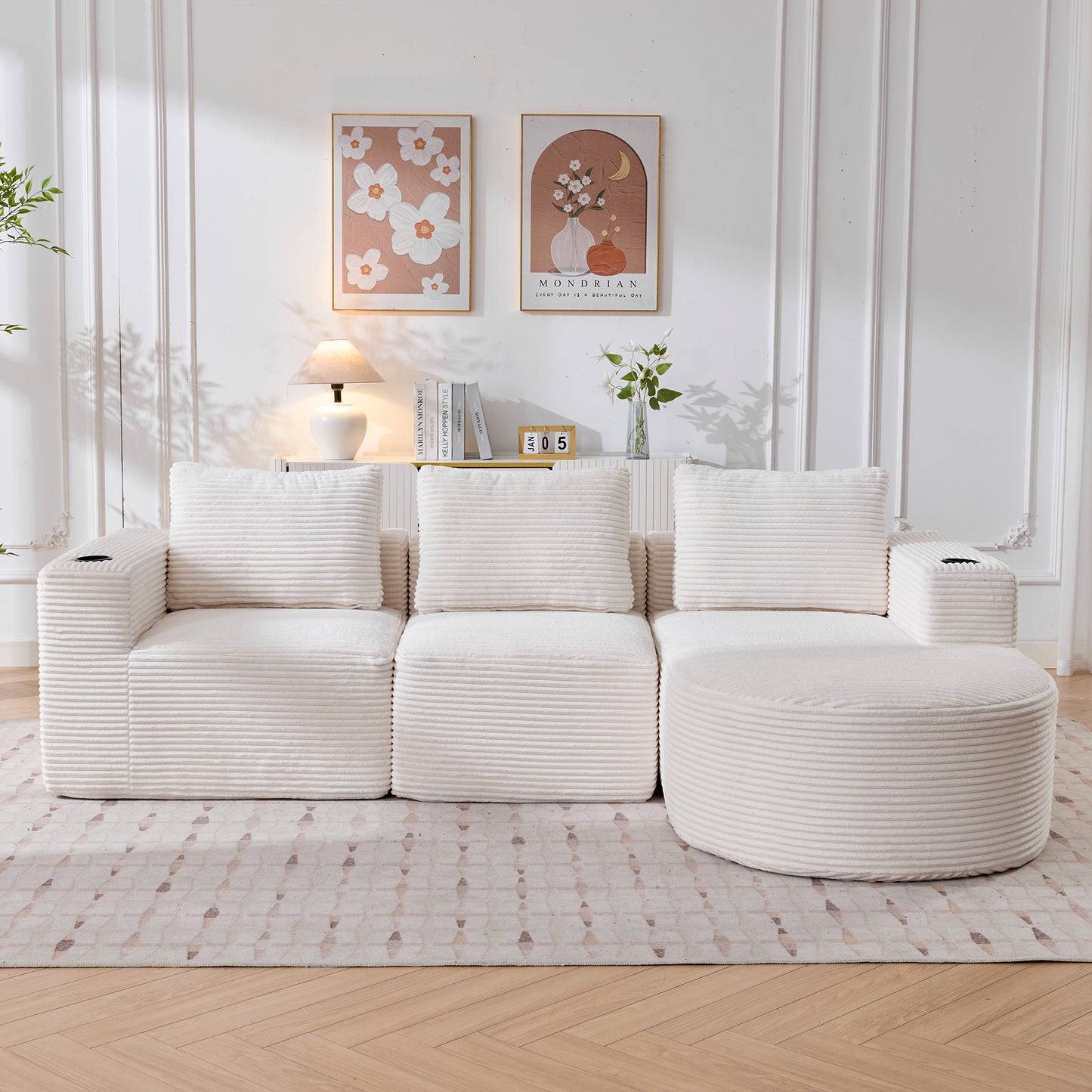 265cm wide fully compressed sofa with three pillows (feather pillow+two plastic cup holders) - comfortable double sofa suitable for small living rooms, apartments, and offices