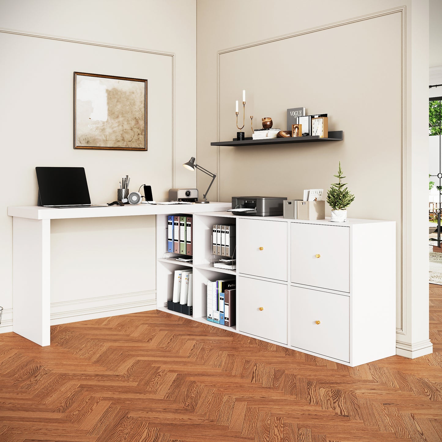 =N880P3123534W Ecktisch, Tischplatte 360° schwenkbar-L-förmig oder gerade aufstellbar, MDF, Tischplatte und Beine 4 cm verstärkt, mit 4 Fächern, 4 Schubladen, weiß, flexibel aufstellbar, Schreibtisch