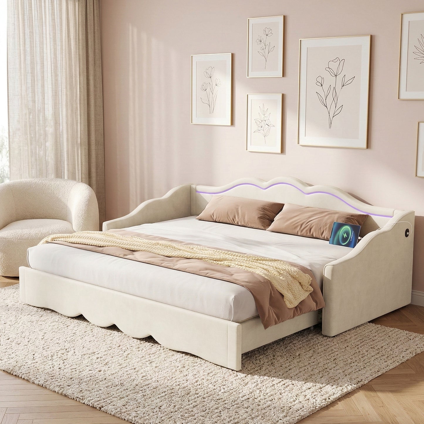 Gigab2b original image - Polsterbett, Daybett, Tagesbett, Sofabett, Schlafsofa, Tagbett 90x200 cm, ausziehbar auf 180 cm, mit LED und USB-Anschluss, Beige Samt