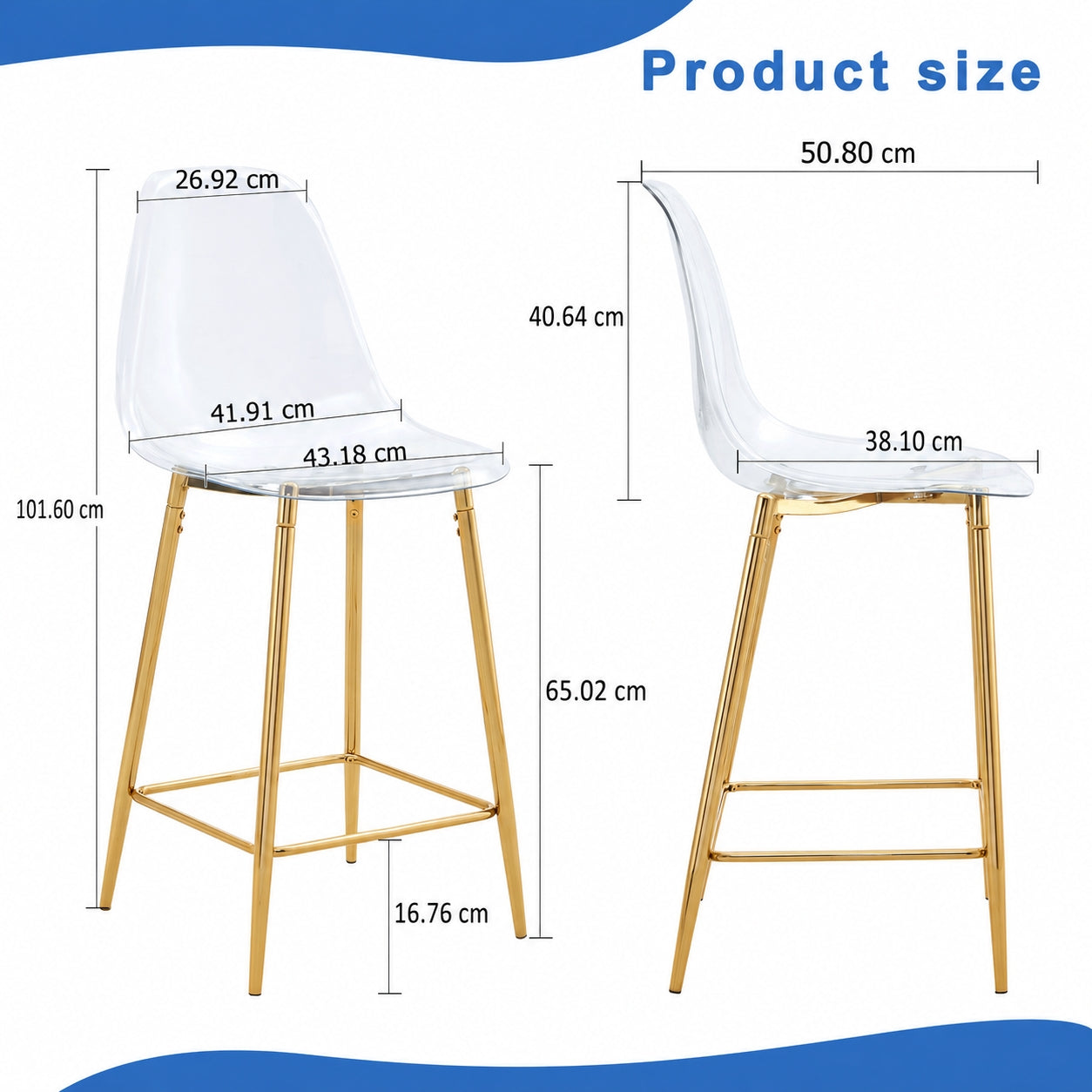 Transparente Barhocker Set, 2er Pack, mit Metallgestell in Silber/Gold/Schwarz, Moderne Design-Stühle für Küche, Bar oder Esszimmer (Nur Stühle, ohne Tisch)