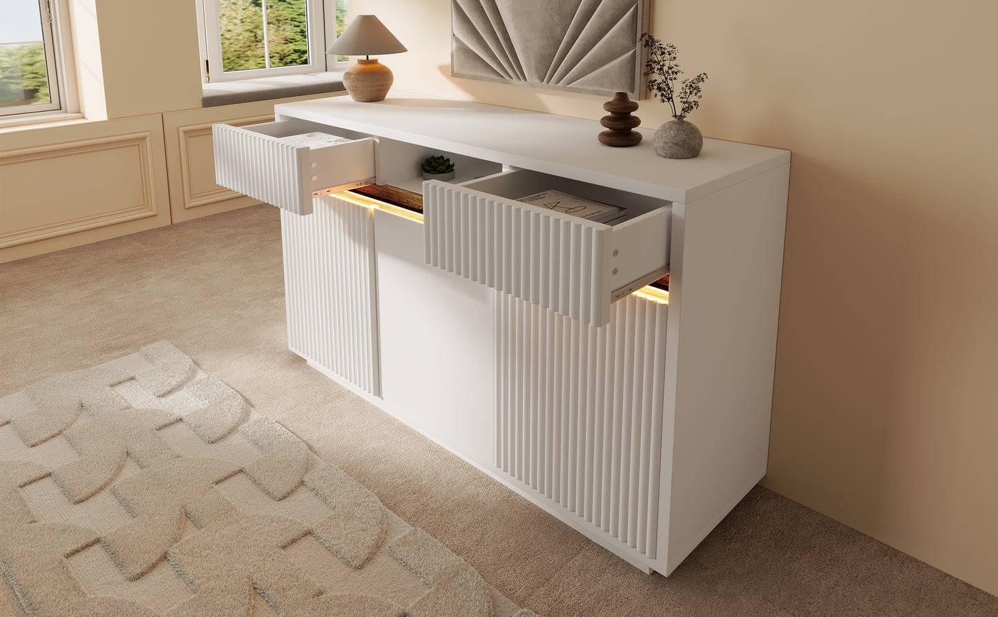 Sideboard Weiß mit LED 140x40x85 cm, Kommode mit 2 Schubladen und 3 Türen, Schrank mit verstellbaren Einlegeböden, moderner Wohnzimmerschrank Flur Küchenschrank