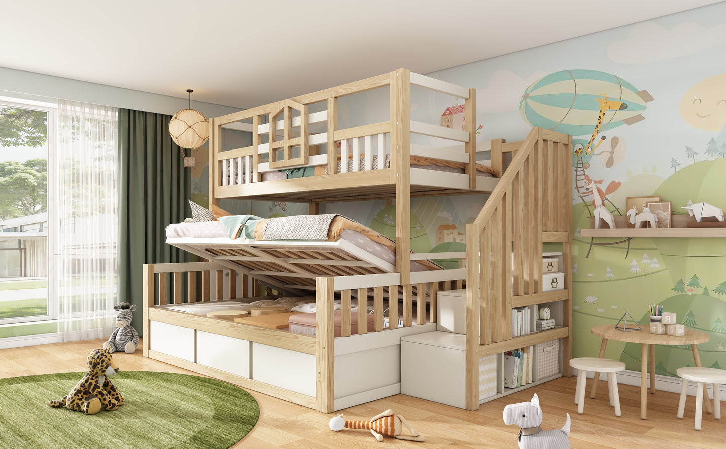 Children's Bunk Bed with Window and Safety Railing in White & Natural Wood