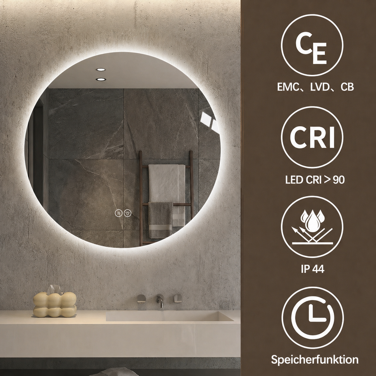Runder LED Badezimmerspiegel 80 cm, Hinterleuchtet, Anti-Beschlag, 3 Lichtfarben, Stufenlos Dimmbar, Memoryfunktion, Touchschalter, 5 mm Kupferfreier HD-Silberspiegel