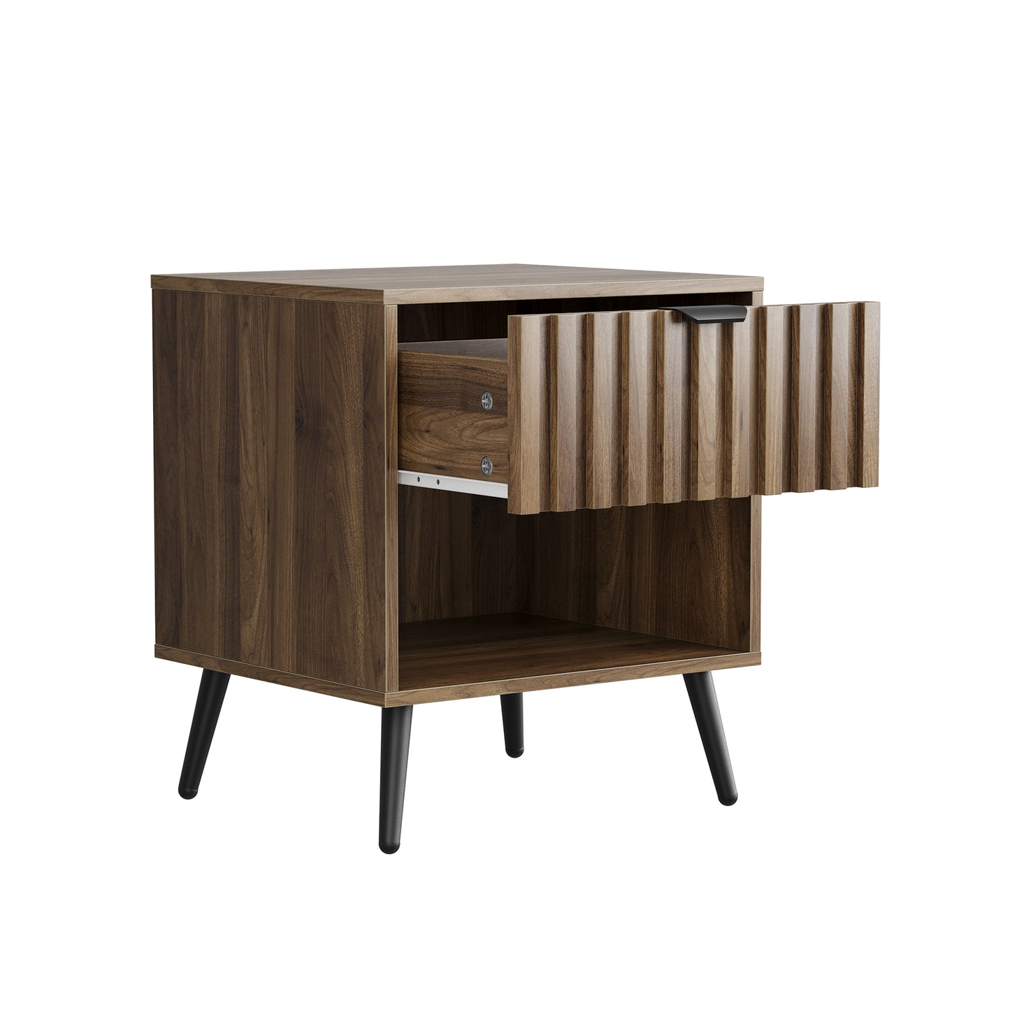 Moderner Nachttisch mit integrierter Schublade. Geeignet für Schlafzimmer, Flur, Wohnzimmer und Kinderzimmer. Farbe: Walnuss. Maße: 45 x 40 x 53 cm. 1 Stück.