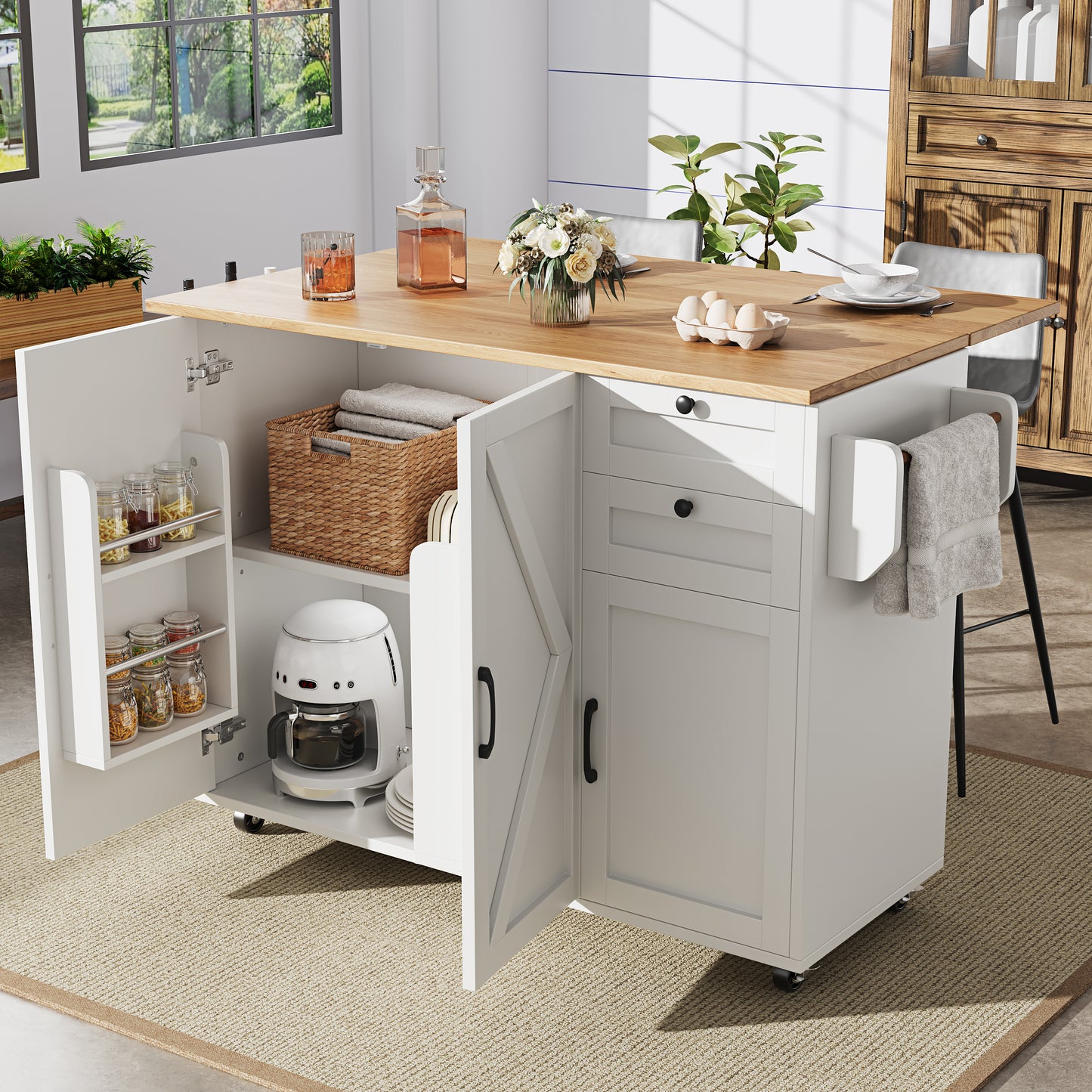 Gigab2b original image - Moderne Kücheninsel, Küchenschrank, buffetschrank, Speisewagen mit Holzmaserung, buffetschrank, Multifunktionale Esstisch mit Speicherraum, Speisewagen mit Snackregalen,weiß