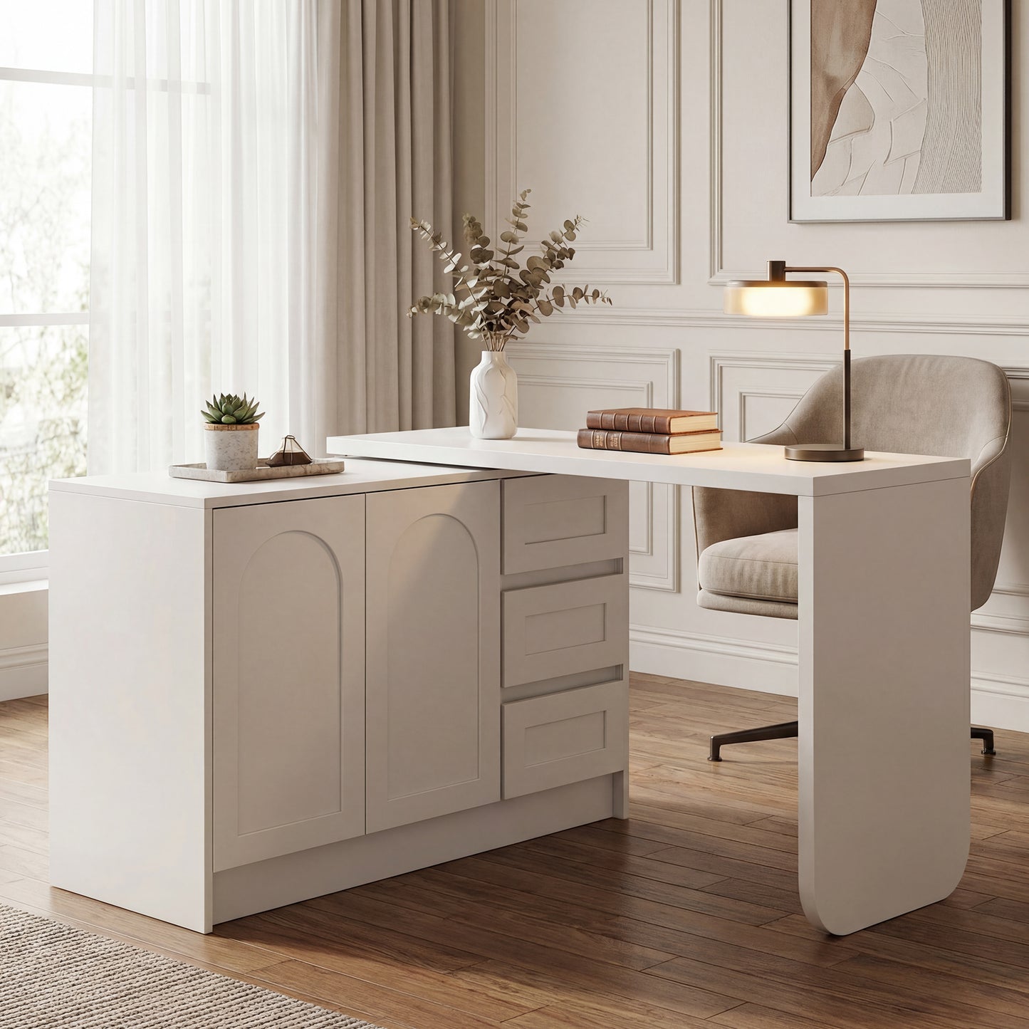Schreibtisch Drehbar 360°, Moderner L-Form Eckschreibtisch Weiß mit 3 Schubladen und Schrank, Platzsparender Computertisch Arbeitstisch für Home Office & Arbeitszimmer-H75/B110-170/T40cm