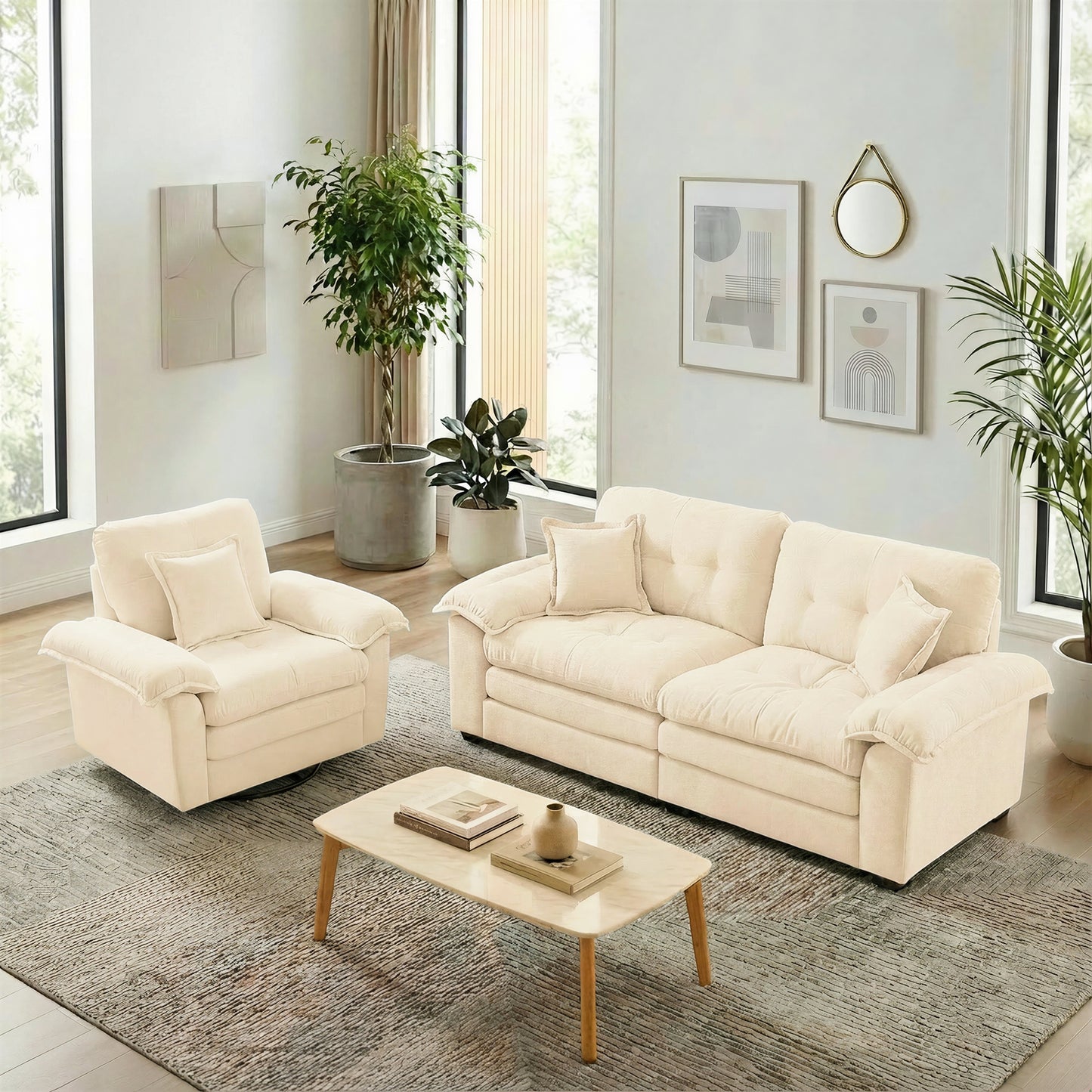 2-Teiliges Chenill-Sofaset: Einzelsofa + Loveseat mit zweischichtiger Sitzpolsterung & Dekokissen, Tiefsitzsofa für Wohnzimmer, Wohnung, Büro oder Lounge