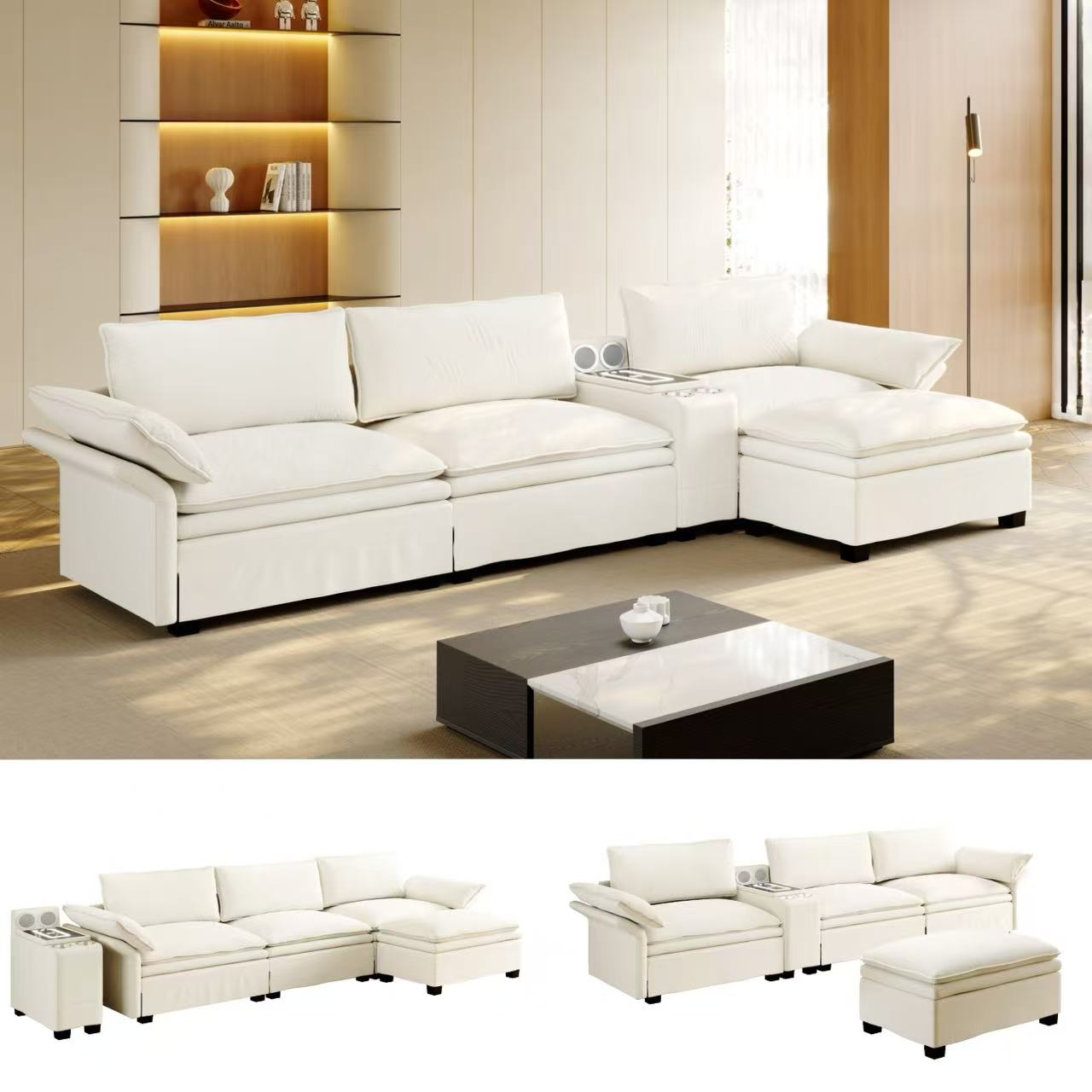 315cm modulares Schnittsofa, L-förmige Chenille Cloud Couch mit Aufbewahrung, Ottoman, drahtloses Laden, Lautsprecher, Licht, 2 Tassenhalter, Couches für Wohnzimmer, Büro,Beige/Weiß