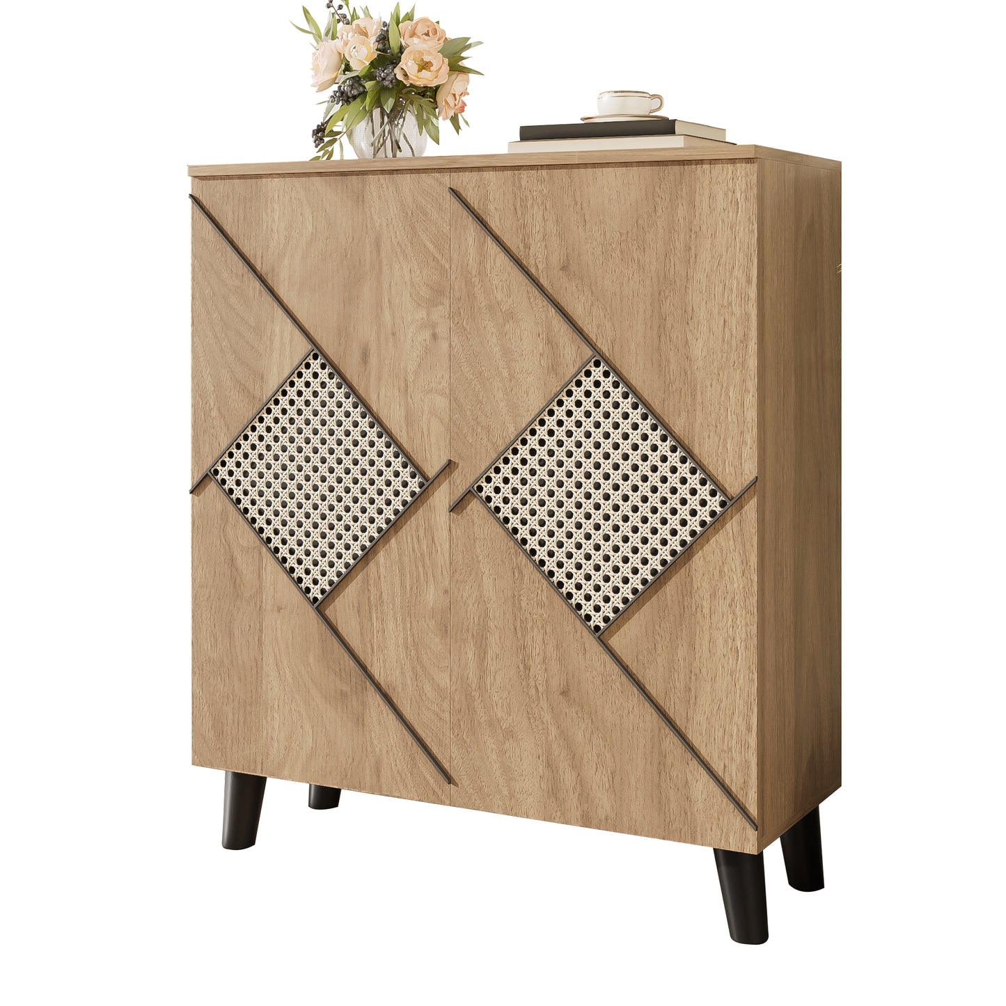 Gigab2b original image - Moderner Schuhschrank mit dekorativem Rattanmuster, 80×32×91 cm, stilvoller Flurschrank mit Stauraum, geschlossene Türen, Ablagefläche
