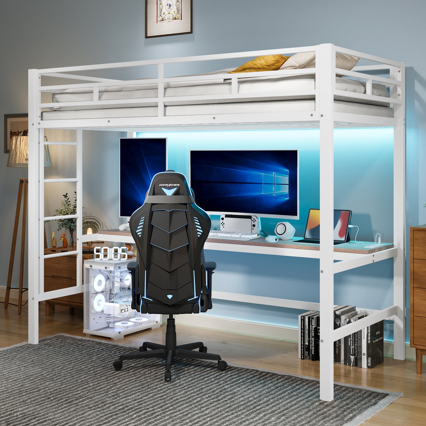 Gigab2b original image - Hochbett, 90*200 cm, Geländer, Trittleiter, Tisch mit USB und Steckdose, Wire Control Light Strip, App-fähiges, Mit LED-Leuchten, en747-konform, ohne Matratze, Metall, Weiß