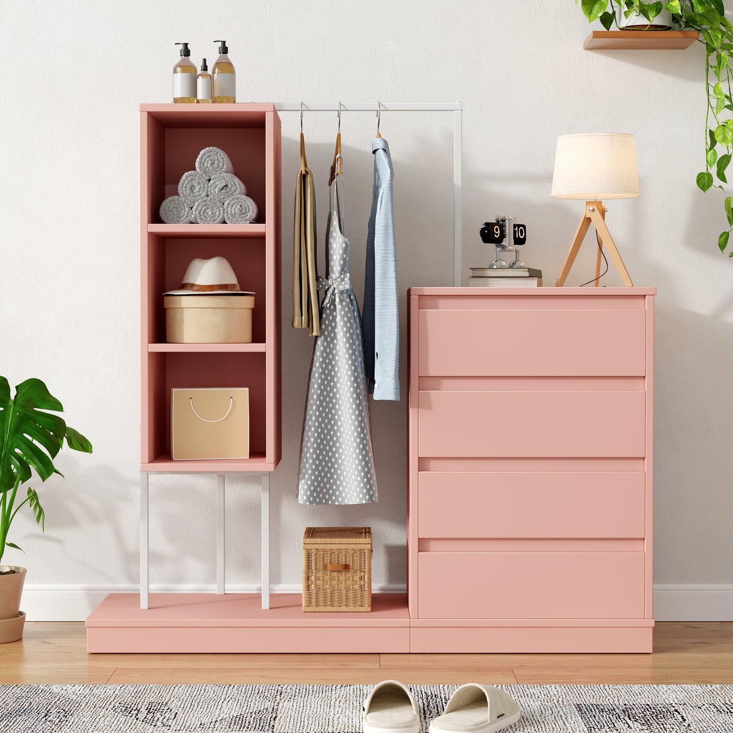 Gigab2b original image - Schubladenschrank, Kleiderschrank-Set, Rosa Kleiderschrank, Sideboard, Kleiderstange, Maße: B140/W40/H135,Rosa
