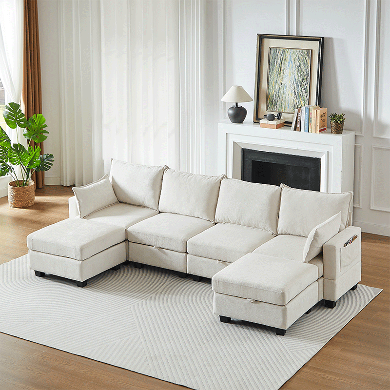 Gigab2b original image - Modulares Chenille-Sofa, Ecksofas für das Wohnzimmer U-förmiges Ecksofa mit Stauraum-Ottomane, 6-Sitzer-Ecksofas mit Chaiselongue