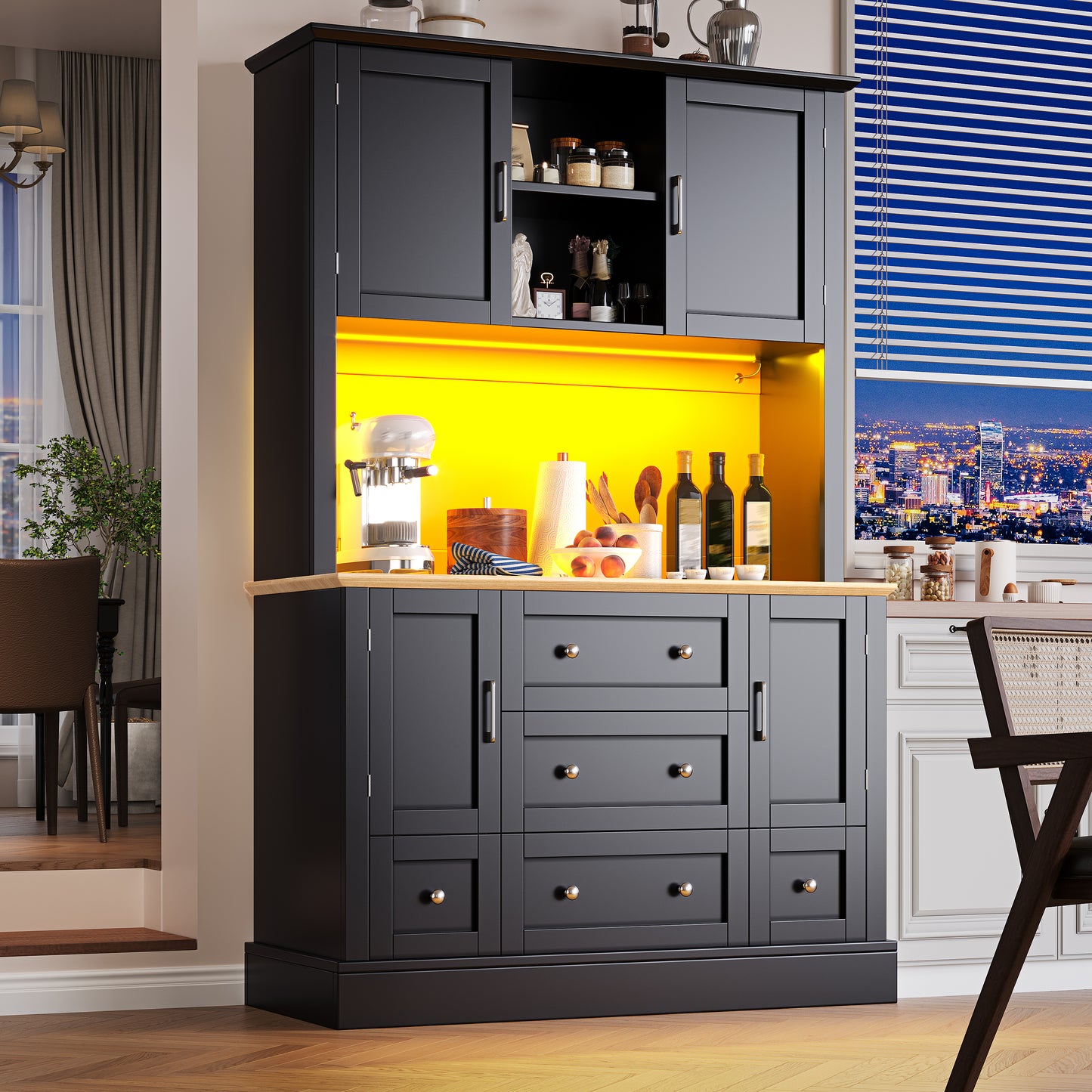 Gigab2b original image - Hochwertiger Hochschrank mit LED-Beleuchtung und App-Steuerung (115×40×180cm ), Moderner Wohnzimmerschrank mit 4 Türen & 5 Schubladen, Küchenvitrine mit Musik-Lichtfunktion & Kippschutz, Schwarz