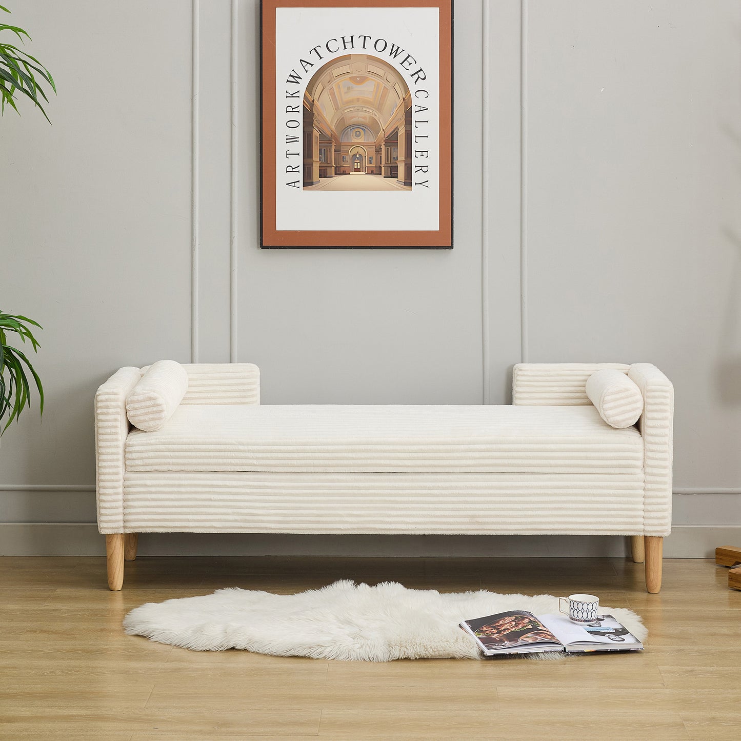 Gigab2b original image - Samtsamt-Stauraumhocker mit Armlehnen, Rückenlehne und zwei Rollkissen – für Wohnzimmer, Eingangsbereich und Schlafzimmer,IVORY