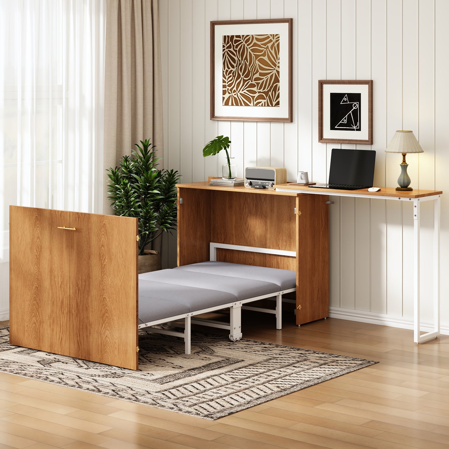 Gigab2b original image - Klappbett mit drehbarem Schreibtisch und Matratze, platzsparendes Schrankbett mit Rollen, ideal für kleine Räume, Gästezimmer und Homeoffice