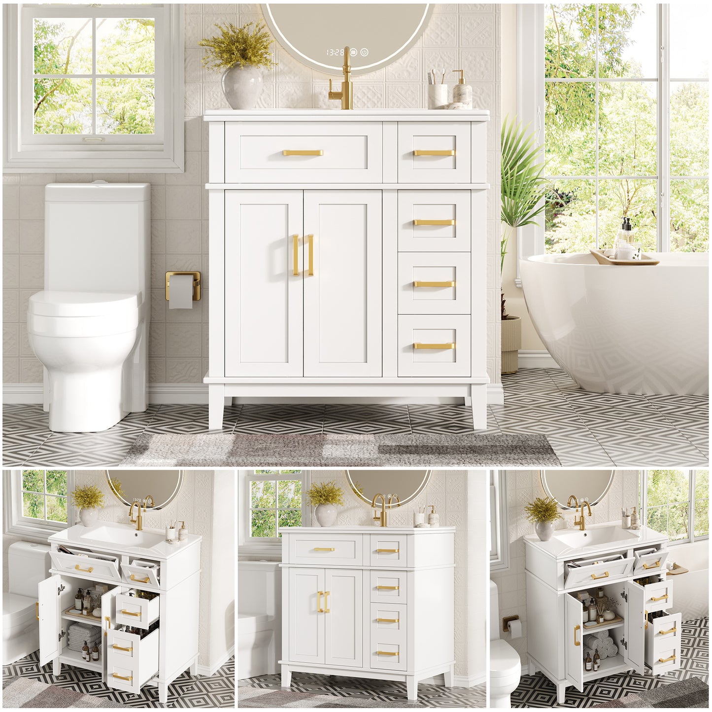 Badezimmerschrank mit Waschbecken aus Keramik, moderner Badmöbel für Badezimmer, Schubladen-Schrank mit viel Stauraum & Soft-Close Funktion, Badschrank mit Überlaufschutz
