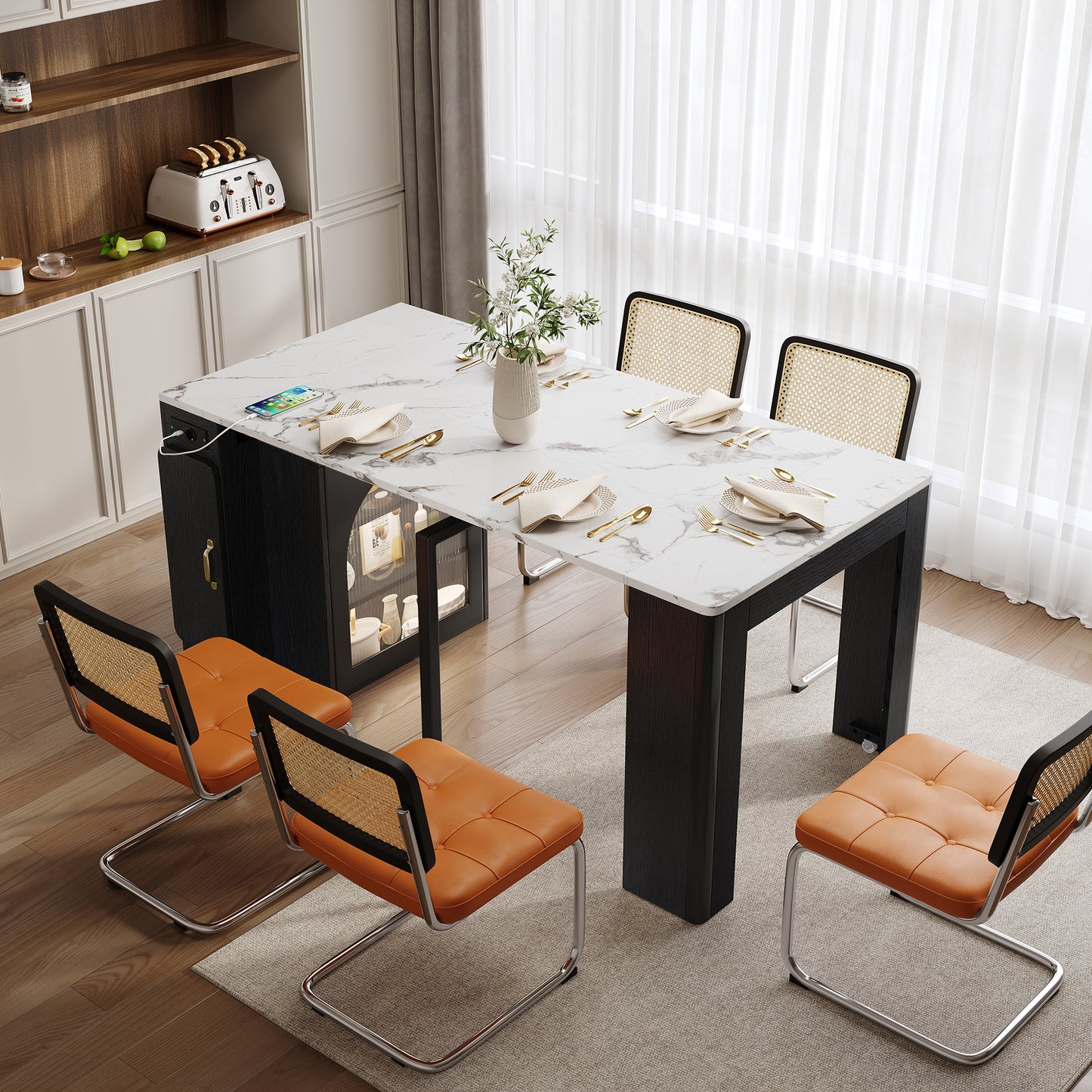 Gigab2b original image - Kücheninsel mit Rollen, Ausziehbarer Esstisch mit abnehmbarer Tischplatte, Mobile Servierwagen mit Steckdosenleisten, dient als Anrichte, Sideboard oder Bartisch für Küche und Esszimmer (Schwarz)