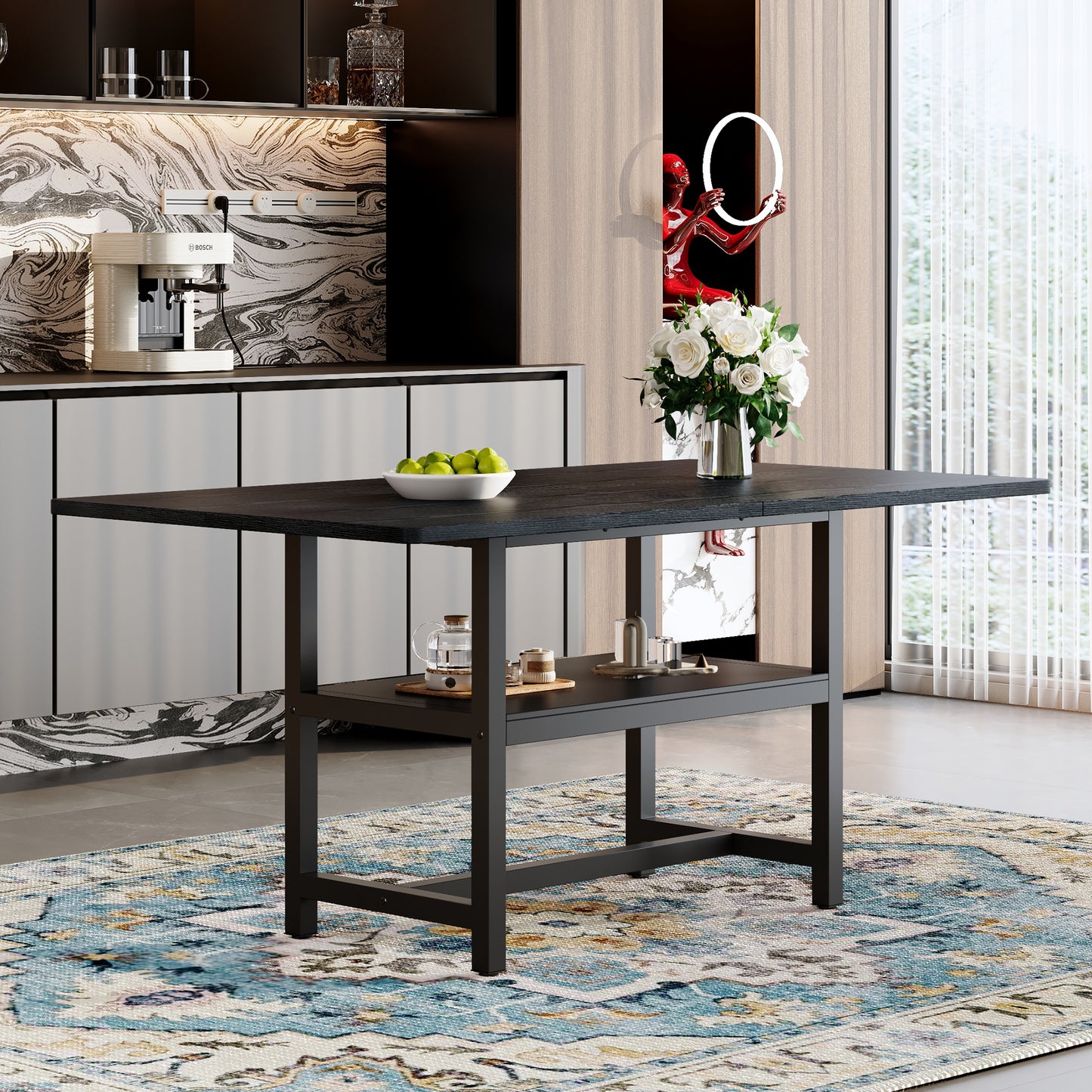 Gigab2b original image - Schwarzer rechteckiger Esstisch im Industriedesign, 160×90×76 cm, für 4–6 Personen, mit multifunktionalem Ablageregal, geeignet für Wohnzimmer, Küche und Essbereich.