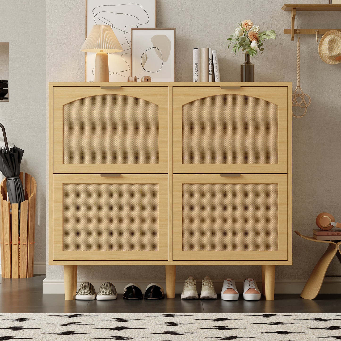 Gigab2b original image - Schuhschrank mit 4 Klappschubladen, Schuhkommode aus Rattan mit Metallgriffen, Schuhregal für Flur, Schlafzimmer, Wohnung,Holzmöbel, Landhausstil, Maße: 100 x 25 x 90 cm