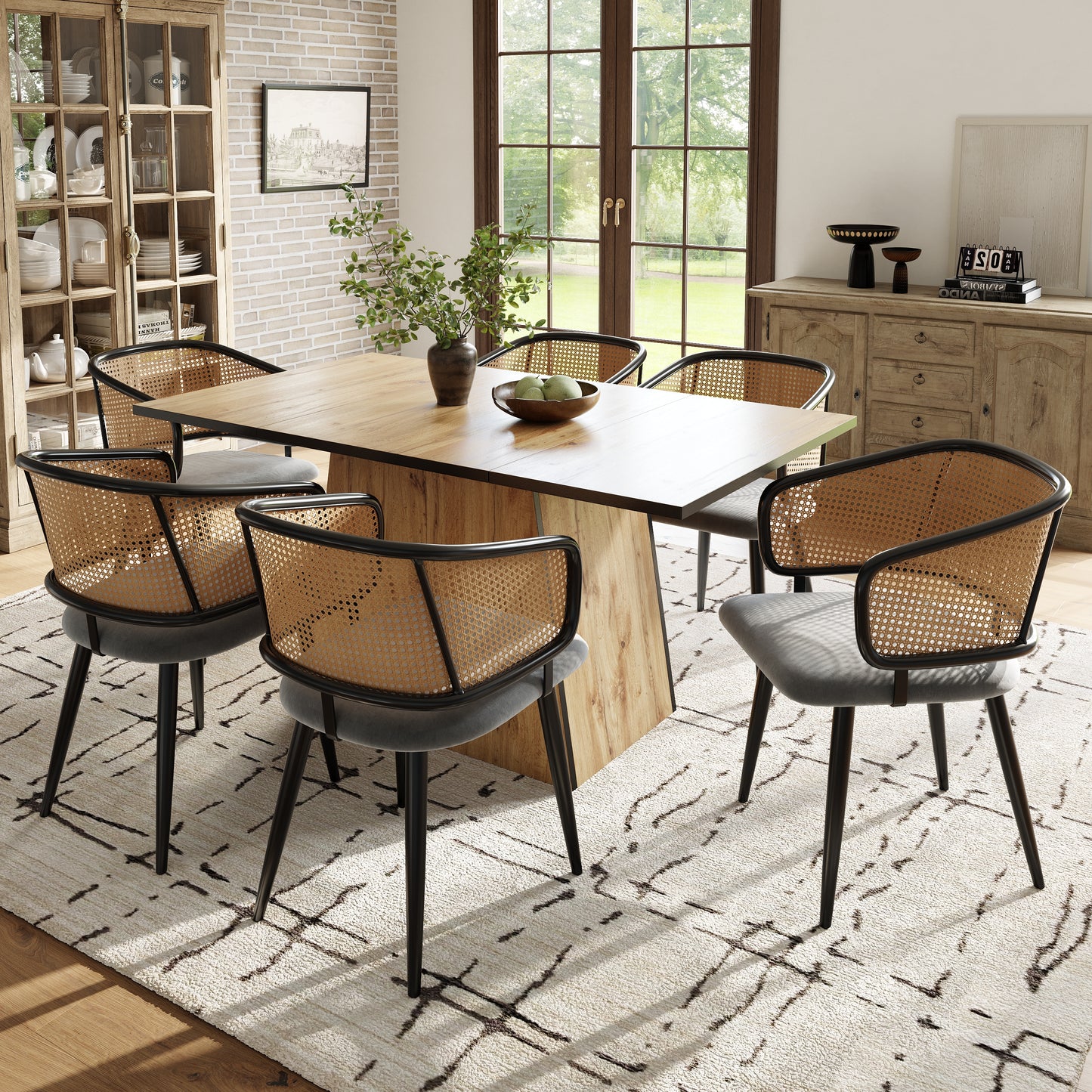 6 Esszimmerstühle, Esszimmerstühle mit Rattan-Rückenlehne, Sitzkissen aus Samt-Kissen, bequem und atmungsaktiv, moderner und einfacher Stil, geeignet für Restaurants, Wohnzimmer und Cafés