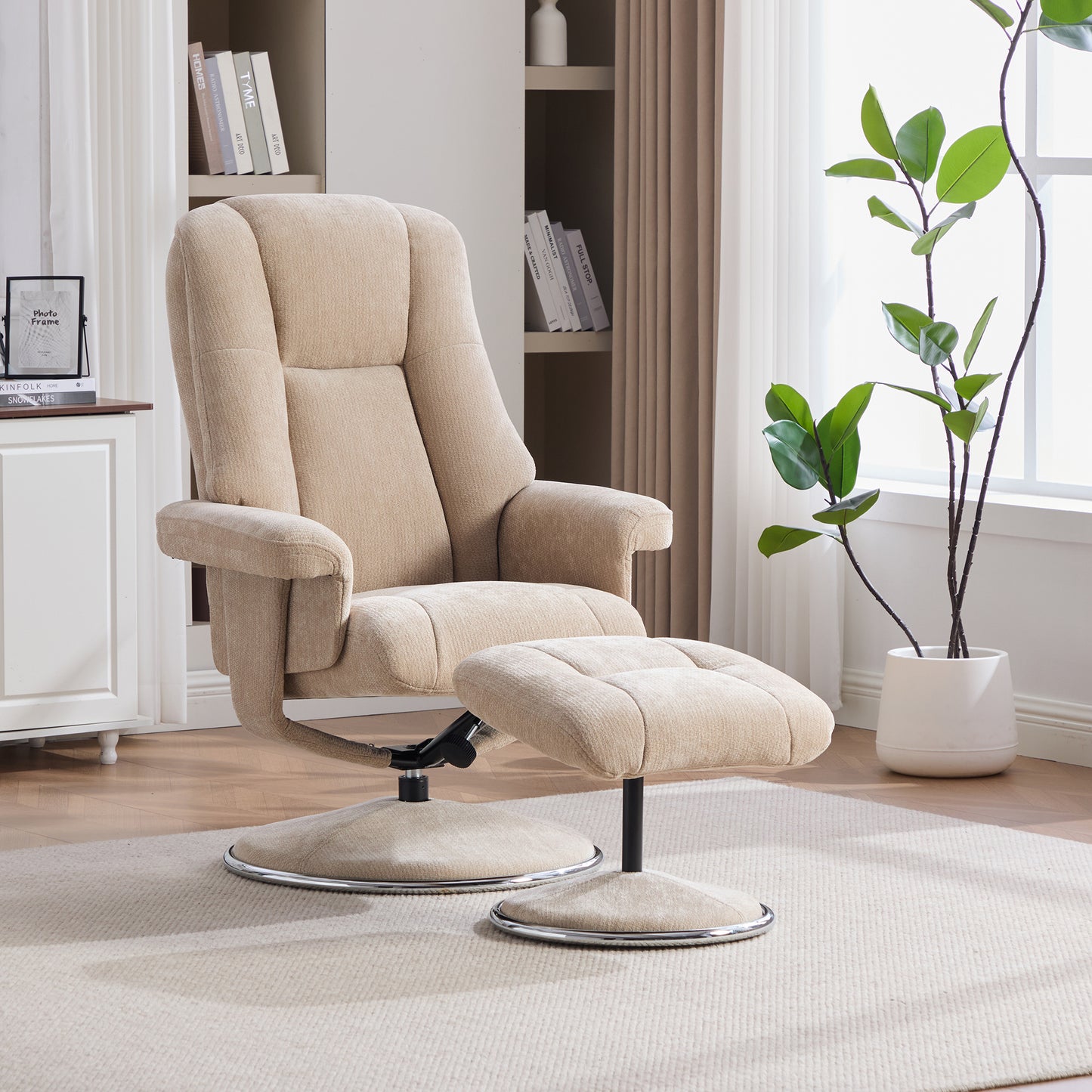 Gigab2b original image - Nordischer multifunktionaler Drehbarer Relaxsessel mit Hocker, Chenille-Stoff, Vollmetallsockel stoffbezogen – ästhetisch, stabil und zuverlässig.LIGHT TAUPE