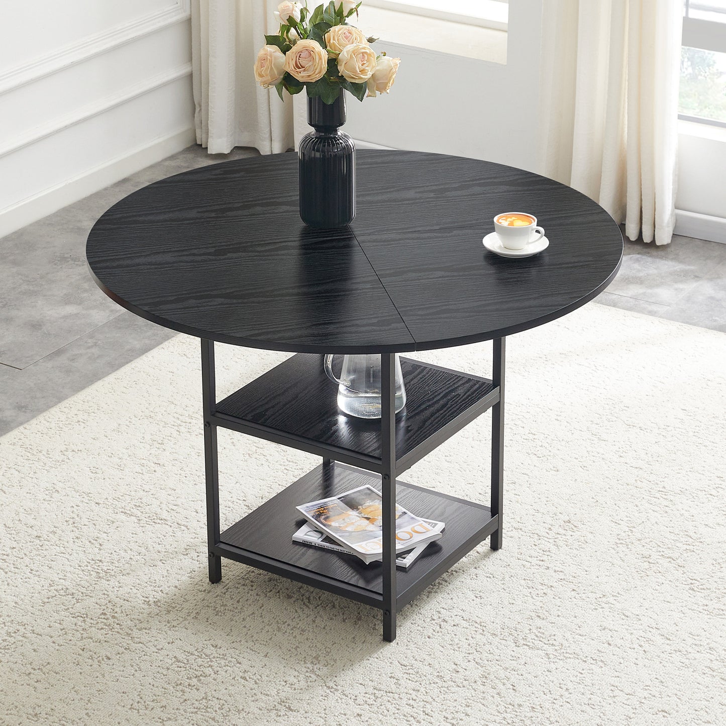 Gigab2b original image - Runder Esstisch mit 107 cm Durchmesser und doppelter Aufbewahrungsebene, schwarze MDF-Platte + Metallgestell, geeignet für 2–4 Personen, ideal für europäische Familienessen.