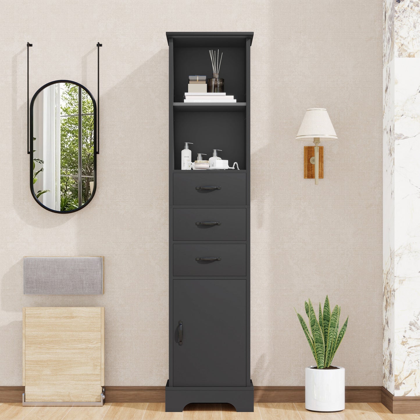 38 x 26 x 172,5 cm hoher Badezimmerschrank, vollständig lackiert für Feuchtigkeitsbeständigkeit, drei Schubladen + doppelte offene Regalböden + Schranktüren, verstellbare Regalböden, Schwarz.