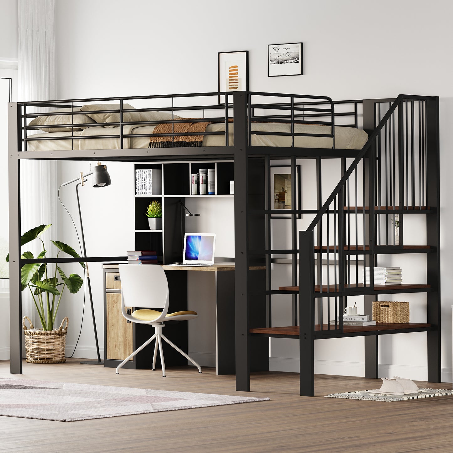 Gigab2b original image - Hochbett 140 x 200 Stabile Metallkonstruktion mit geräumigem Stauraum unter dem Bett und Treppe Ideal für Kinder und Erwachsene Stauraumbett für maximale Platzeffizienz