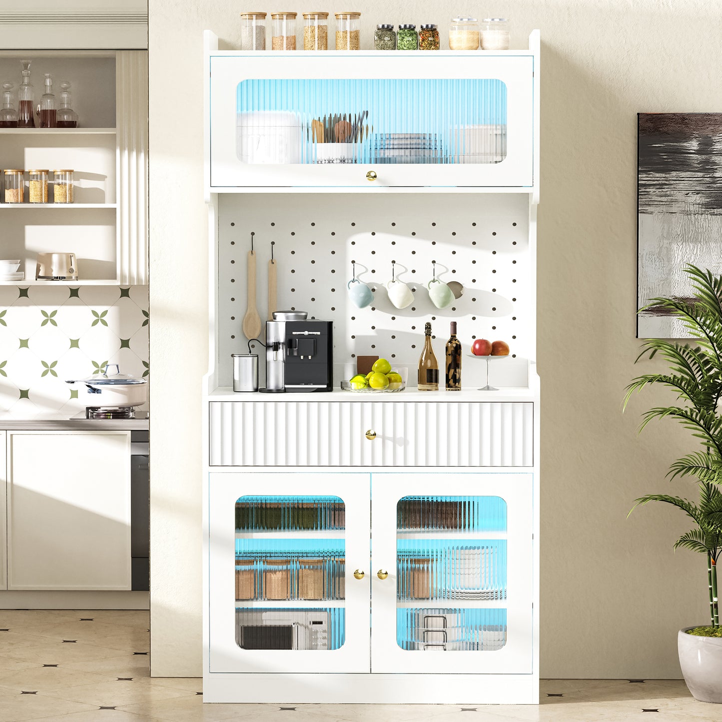 Gigab2b original image - Highboard mit verstellbaren Regalböden und Schubladen, Küchenschrank mit LED-Beleuchtung und Riffelglas , Ideal für Esszimmer, Wohnzimmer und Küche (Weiß)