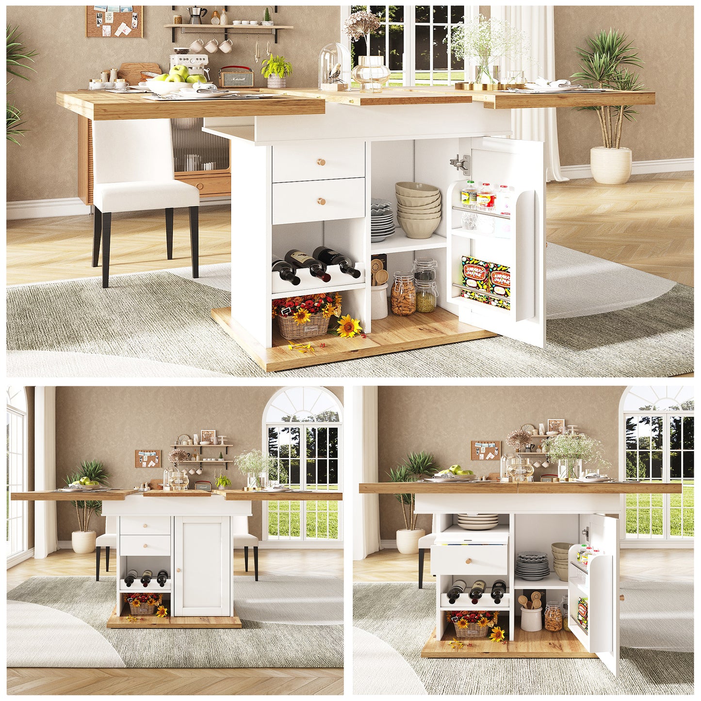 Gigab2b original image - Esstisch Teleskoptisch(110-140×80cm), klappbarer Küchentisch für 4-6 Personen, Ausziehbarer Esstisch ,platzsparender Küchentisch,für Küche und Wohnzimmer, Tisch mit Snackregal und Weinregal, weiß