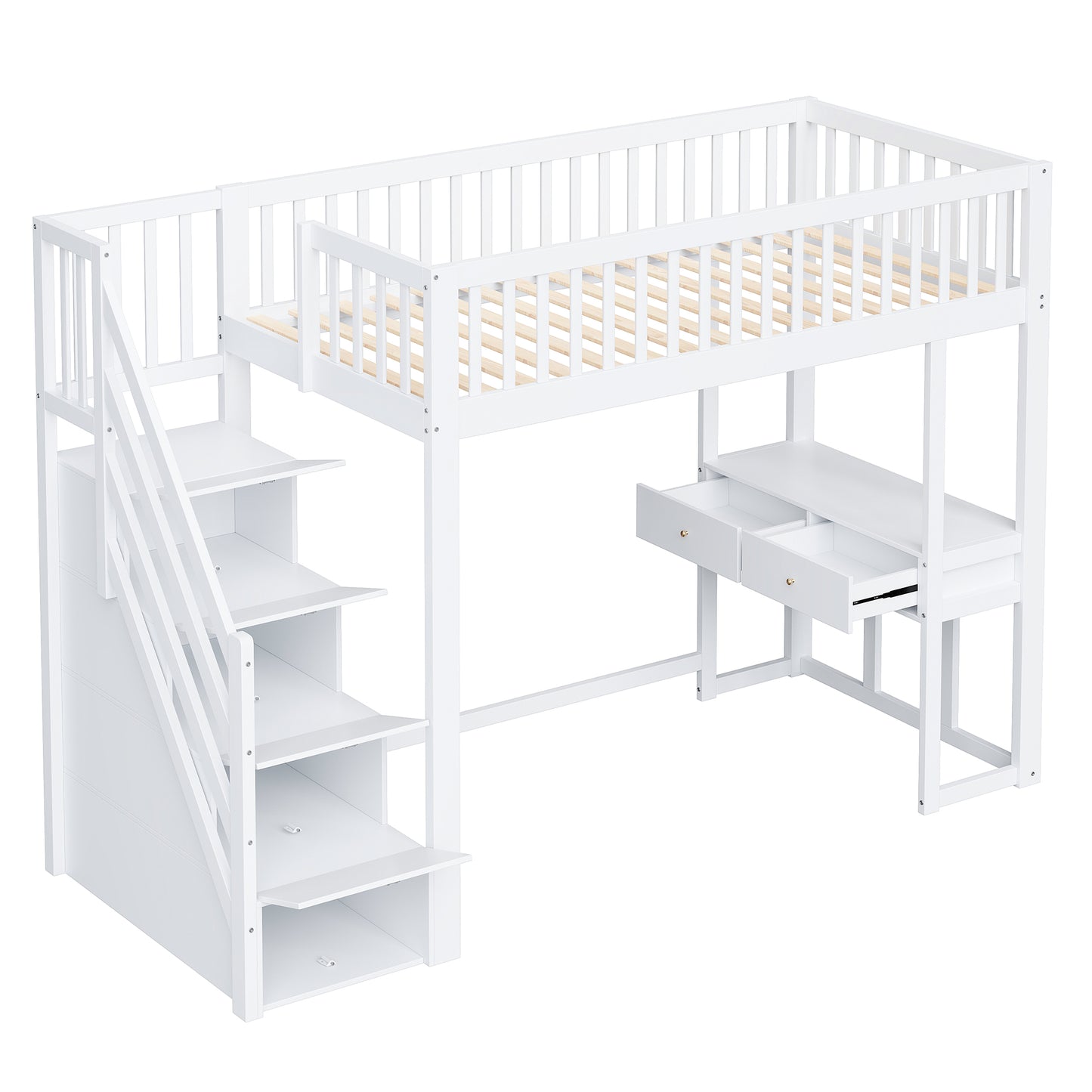 90x200 Hochbett mit Multifunktionstisch, sicherer Aufbewahrungstreppe, Bettgestell aus massivem Kiefernholz für Kinder und Jugendliche Weiß