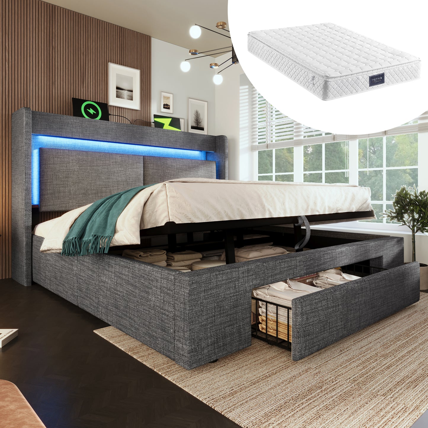 Gigab2b original image - Polsterbett 160x200 cm mit hydraulischem Stauraum und Kopfteil mit Aufbewahrungsfach, LED-Beleuchtung sowie USB & USB-C Anschluss, Holzlatten-Bettgestell, Grau, Leinen, Mit Matratze