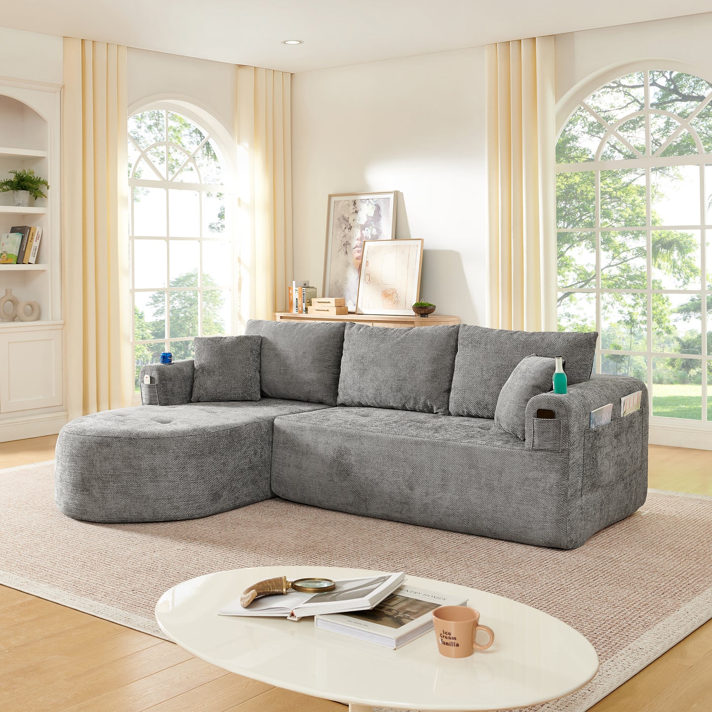 Gigab2b original image - Ecksofa L-Form als Cloud Couch im montagefreien Design mit hitzebeständigem Edelstahl-Becherhalter sowie atmungsaktivem & strapazierfähigem Leinen-Bezug inklusive raffinierten Seitentaschen und Armleh
