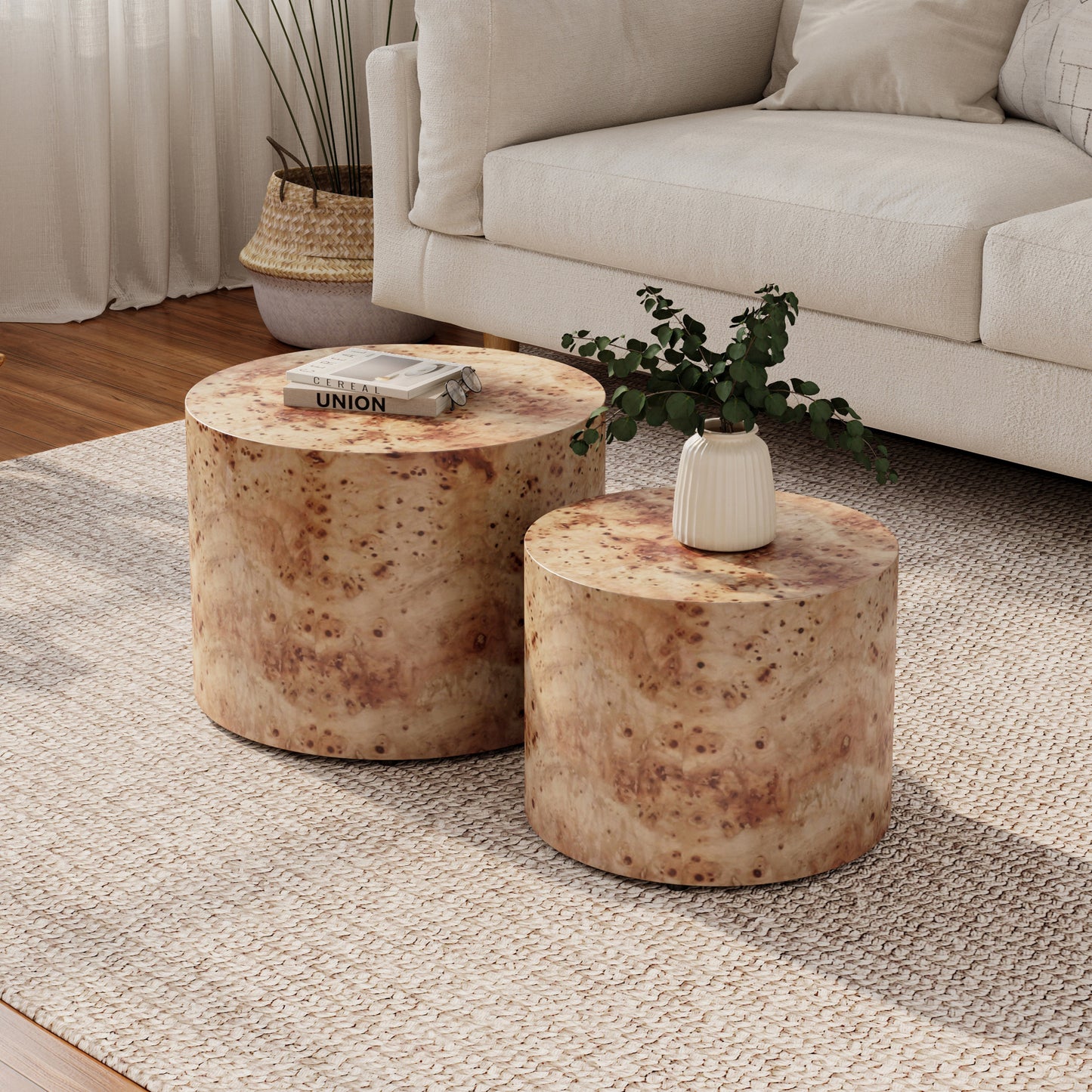 Gigab2b original image - Nesting Coffee Table Set of 2, Modern Round Coffee Table, Wooden Circle Accent Tables for Small Spaces Living Room Bedroom Balcony Office Drum Side Table, Natural Burl