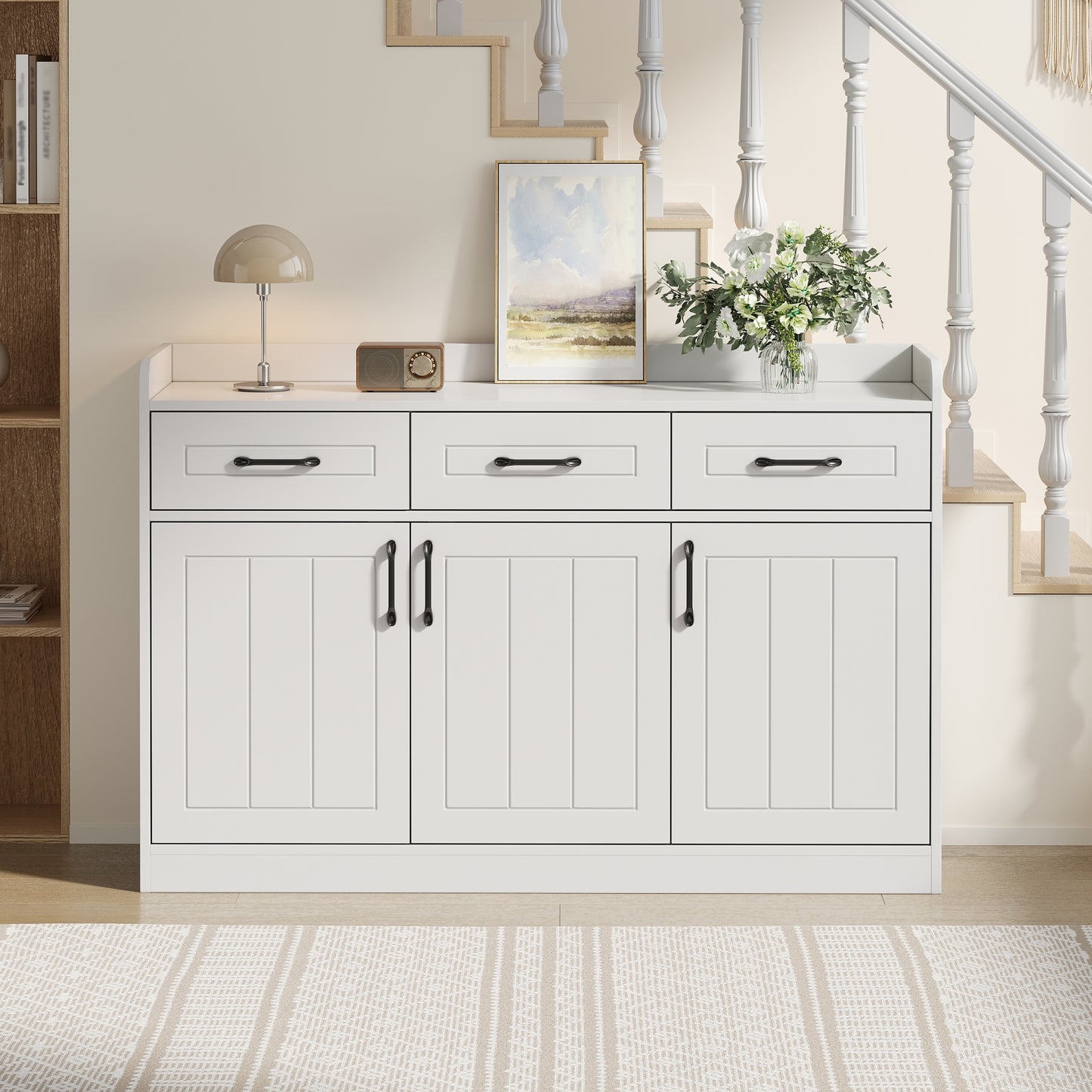 Gigab2b original image - Sideboard 120*35*80cm, Wohnzimmerschrank, Eingangsschrank mit 3 Schubladen und 3 Türen, Schrank mit Griffen und verstellbaren Einlegeböden, empfohlene Gesamttragfähigkeit 60kg, gestreiftes Design,weiß