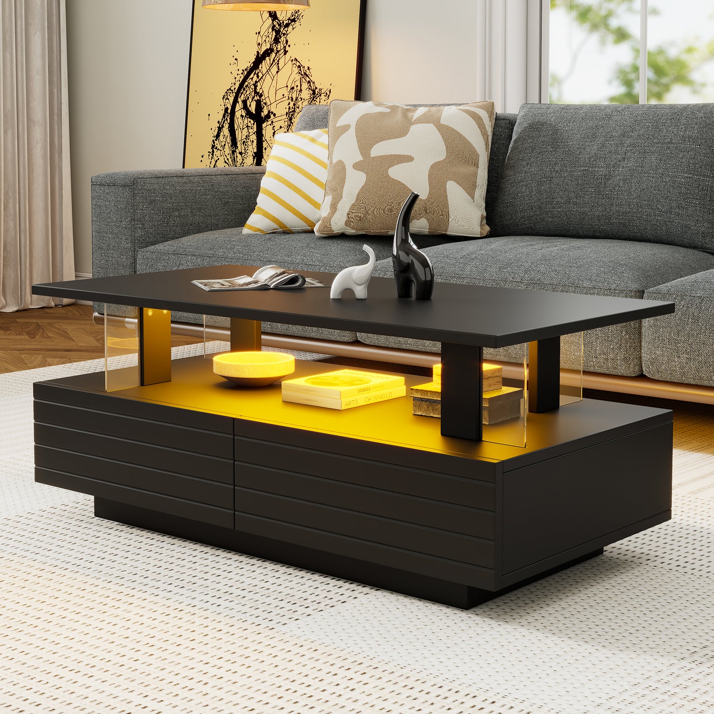 Gigab2b original image - Schwarzer LED-Couchtisch mit Aufbewahrungsfunktion, Acryl-LED-wohnzimmertisch, bistelltisch, doppelschichtiger rechteckiger Couchtisch mit Bluetooth-Handy-App-Steuerung, geeignet für Partys, Büros