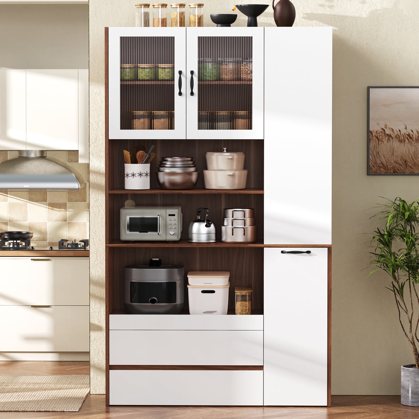 Gigab2b original image - Highboard mit verstellbaren Regalböden und Schubladen, Buffetschrank mit ausziehbaren Regalböden und Riffelglas , Ideal für Esszimmer, Wohnzimmer und Küche (Weiß+Nussbaum)