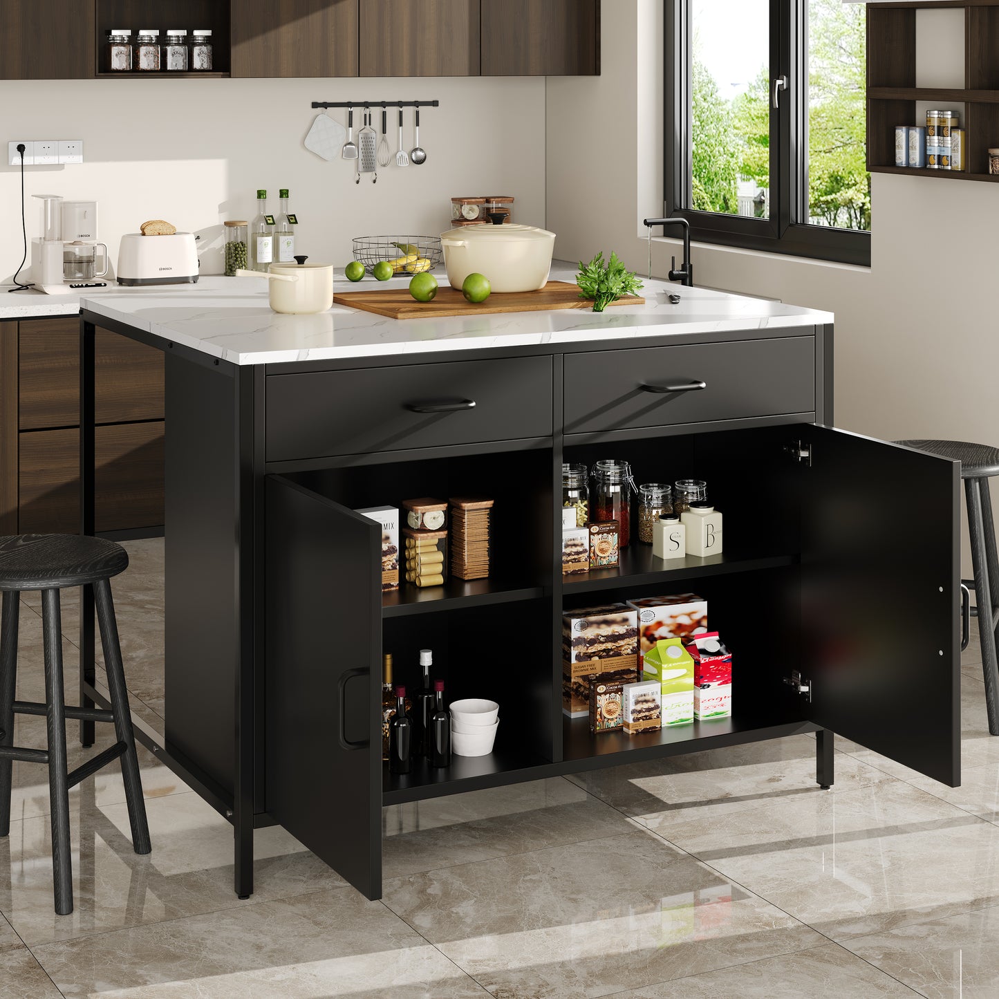 Gigab2b original image - Schwarzer Stehtisch, Küchenarbeitsplatte, einfach und modern, Kaffeebartisch, geeignet für Wohnzimmer, Esszimmer, Tischplatte mit Marmorstruktur, verstellbare Füße