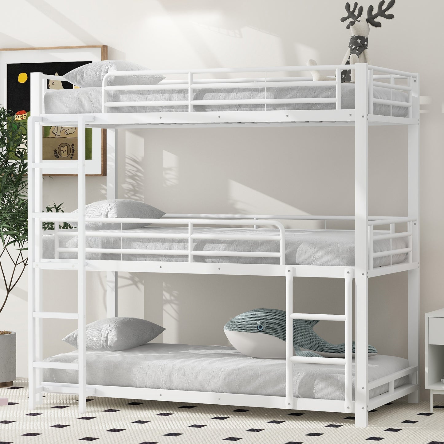 (=WX000520AAK) 90x200cm Bettgestell Metallbett,Etagenbett,Eisenbett, Dreifach-Etagenbett für Kinder, Jugendliche und Erwachsene, Weiß