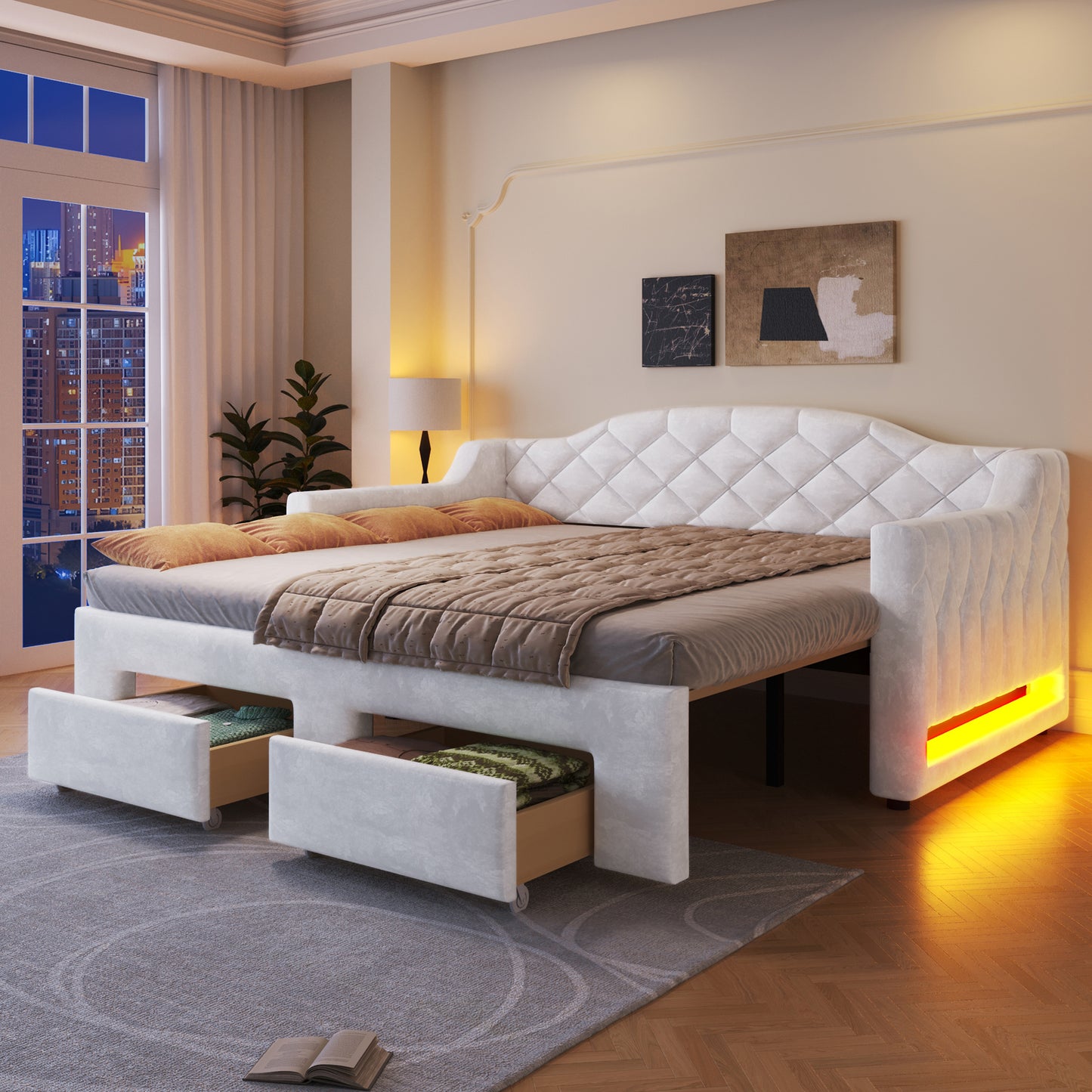Gigab2b original image - Gepolstertes Tagesbett (90x200 bis 180x200 cm) mit zwei Schubladen und LED-Beleuchtung,Weiß