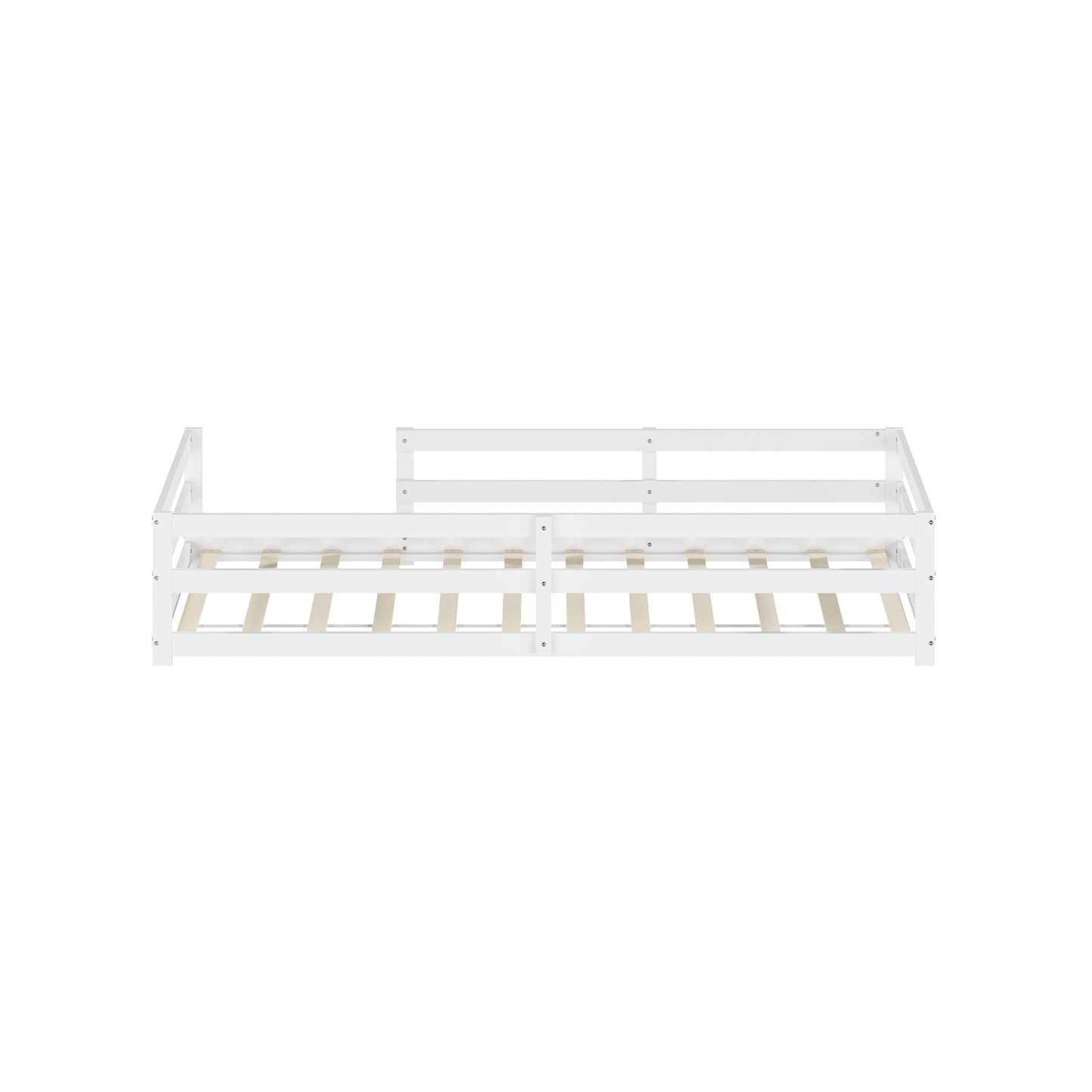 Montessori Bodenbett mit Schutzgitter – Flaches Bett ohne Boxspring nötig, aus Kiefernholz, schnell montiert (90x200 cm, weiß)
