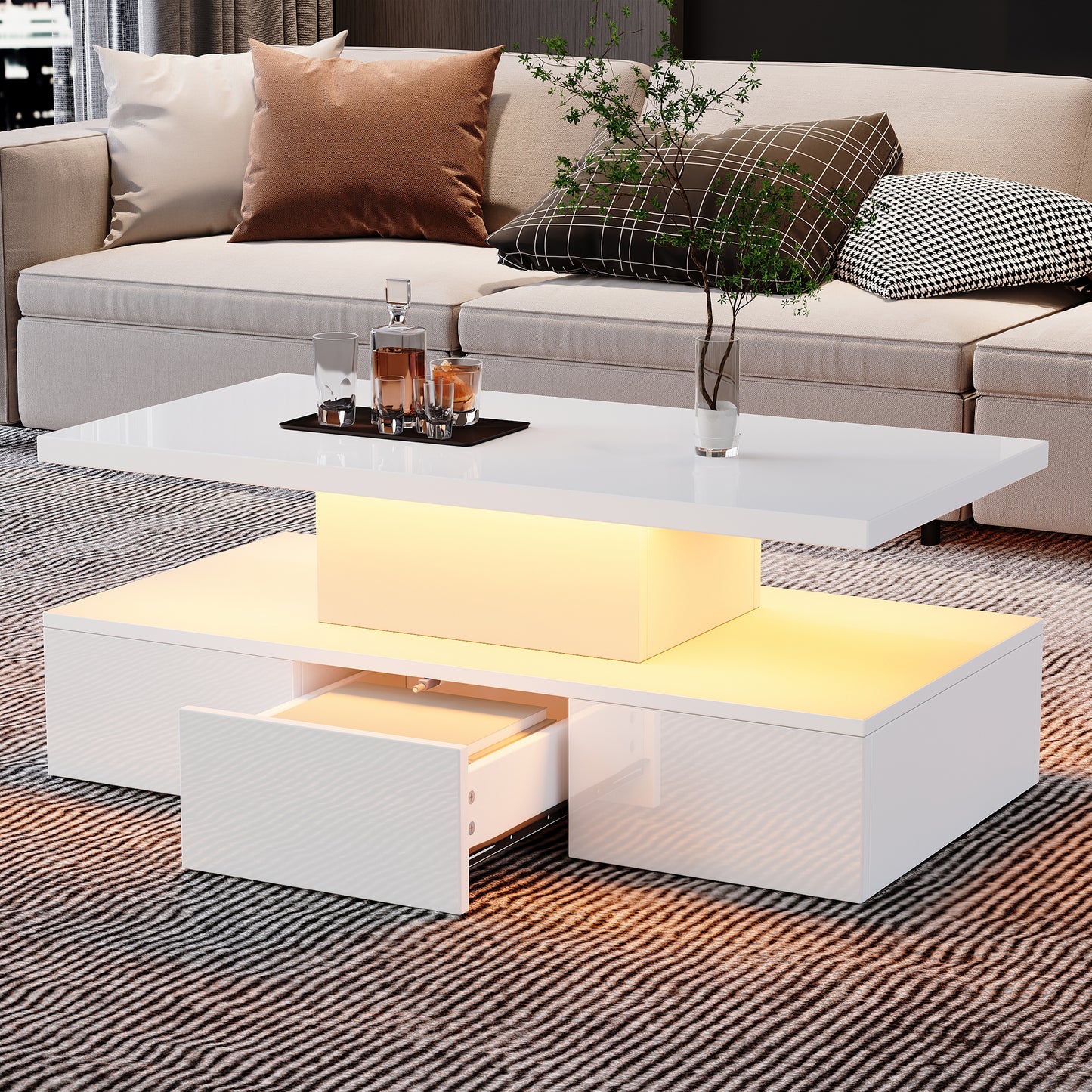 Gigab2b original image - Zweistufiger Couchtisch fürs Wohnzimmer mit 16-farbigem LED-Licht, Hochglanz-Wohnzimmertisch, Sofatisch mit offenem Ausstellungsregal und 1 Schiebeschubladen, kleiner rechteckiger Mitteltisch, Weiß
