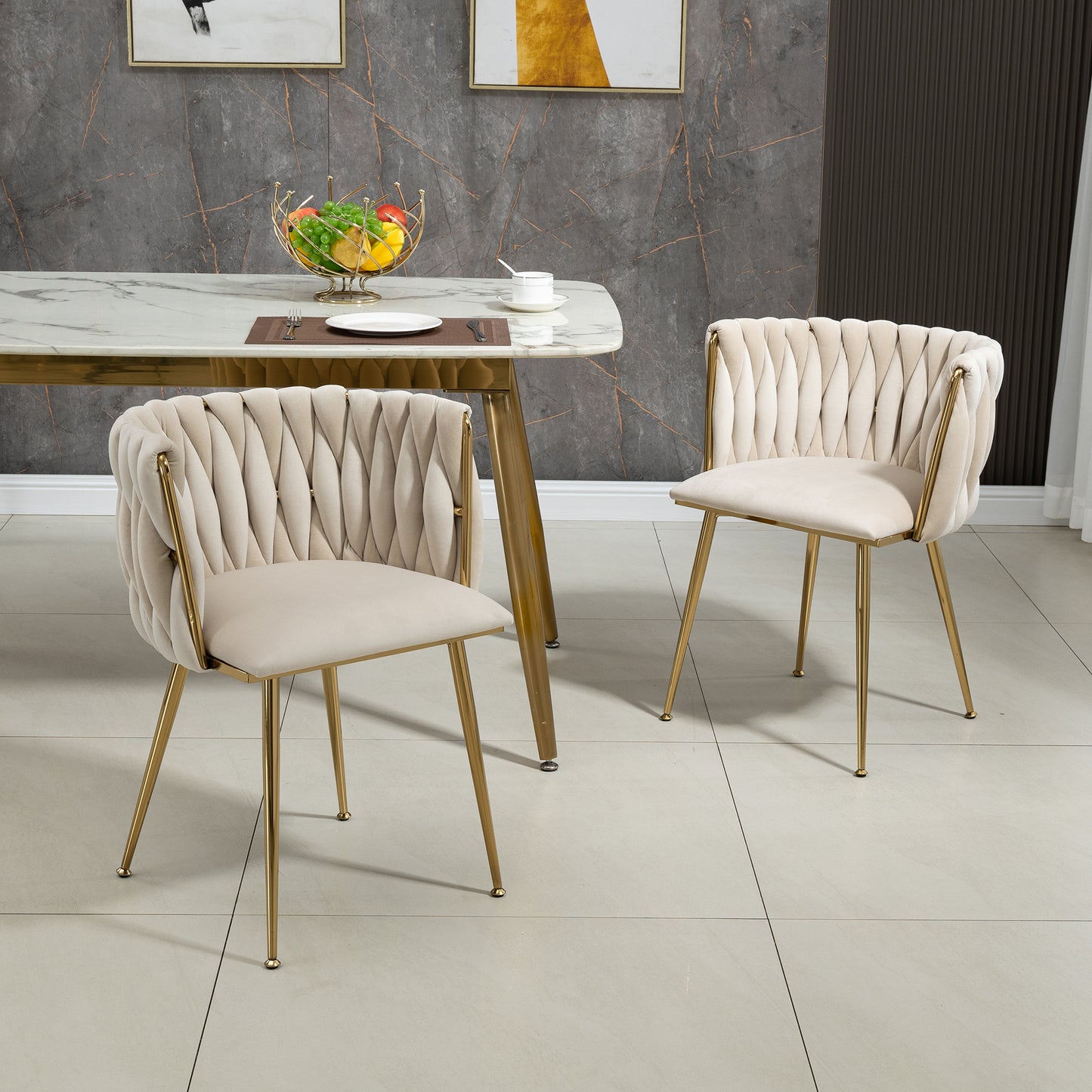 (Old SKU:W1880109477)Modernes luxuriöses Samt-Esszimmerstuhl-Set mit goldenen Metallbeinen, elegantem handgewebtem Design und weichen Kissen für Esszimmer, Wohnzimmer und Schlafzimmer (2er-Set)